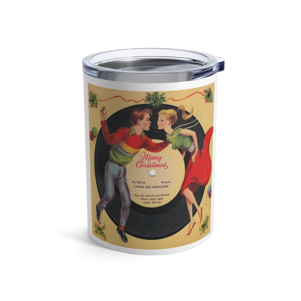 Merry Christmas Couple Kissing Under Mistletoe Record Retro Christmas Print Stainless Steel Tumbler 10oz