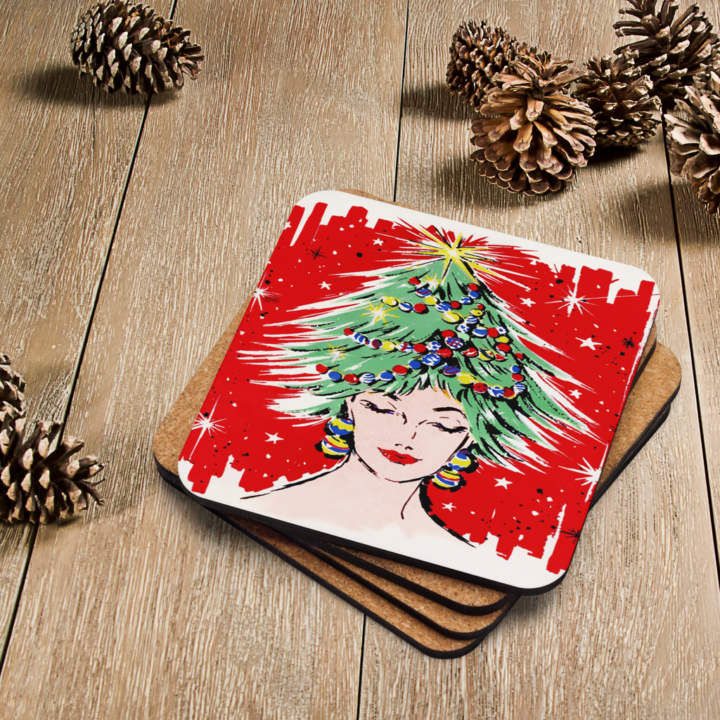 Christmas Tree Hat Lady Midcentury Retro Cork-back Coaster