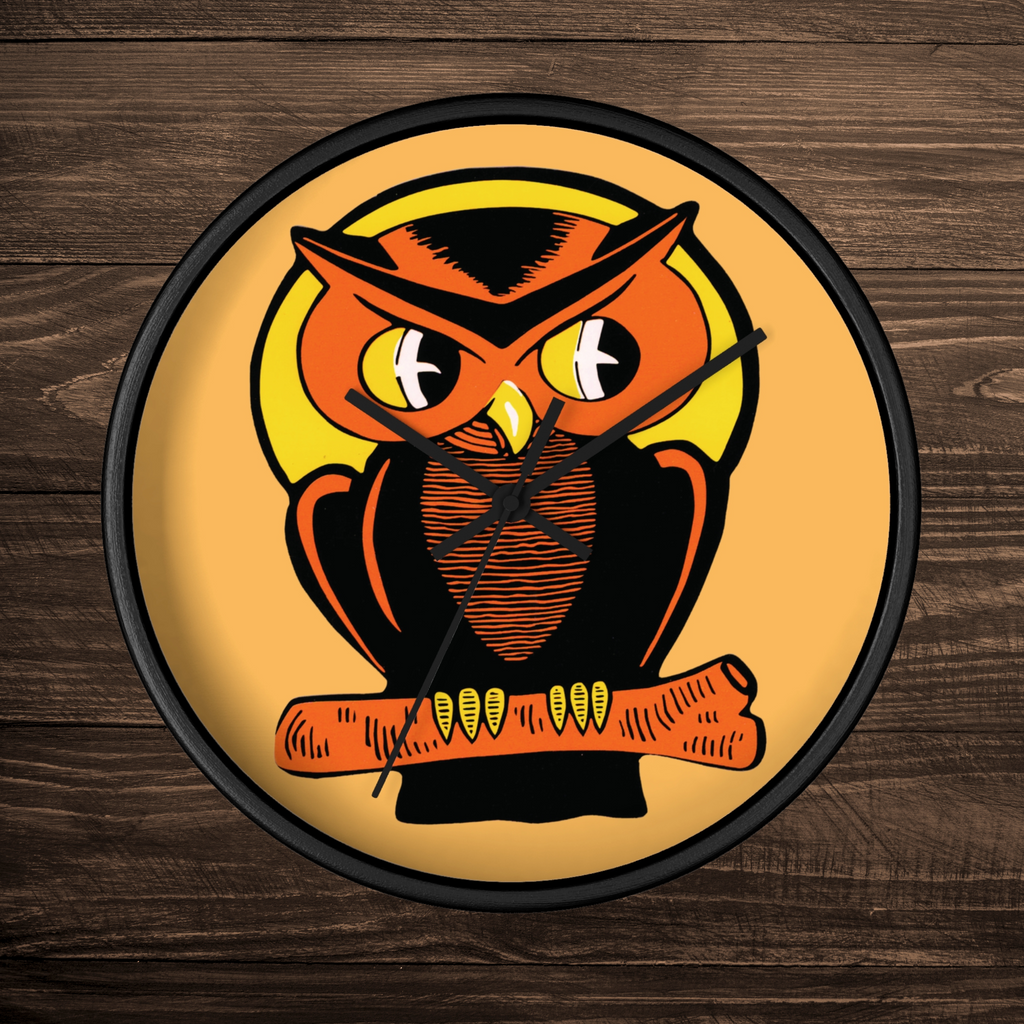Orange Owl Yellow Moon Retro Halloween Fall Black Wooden Wall Clock