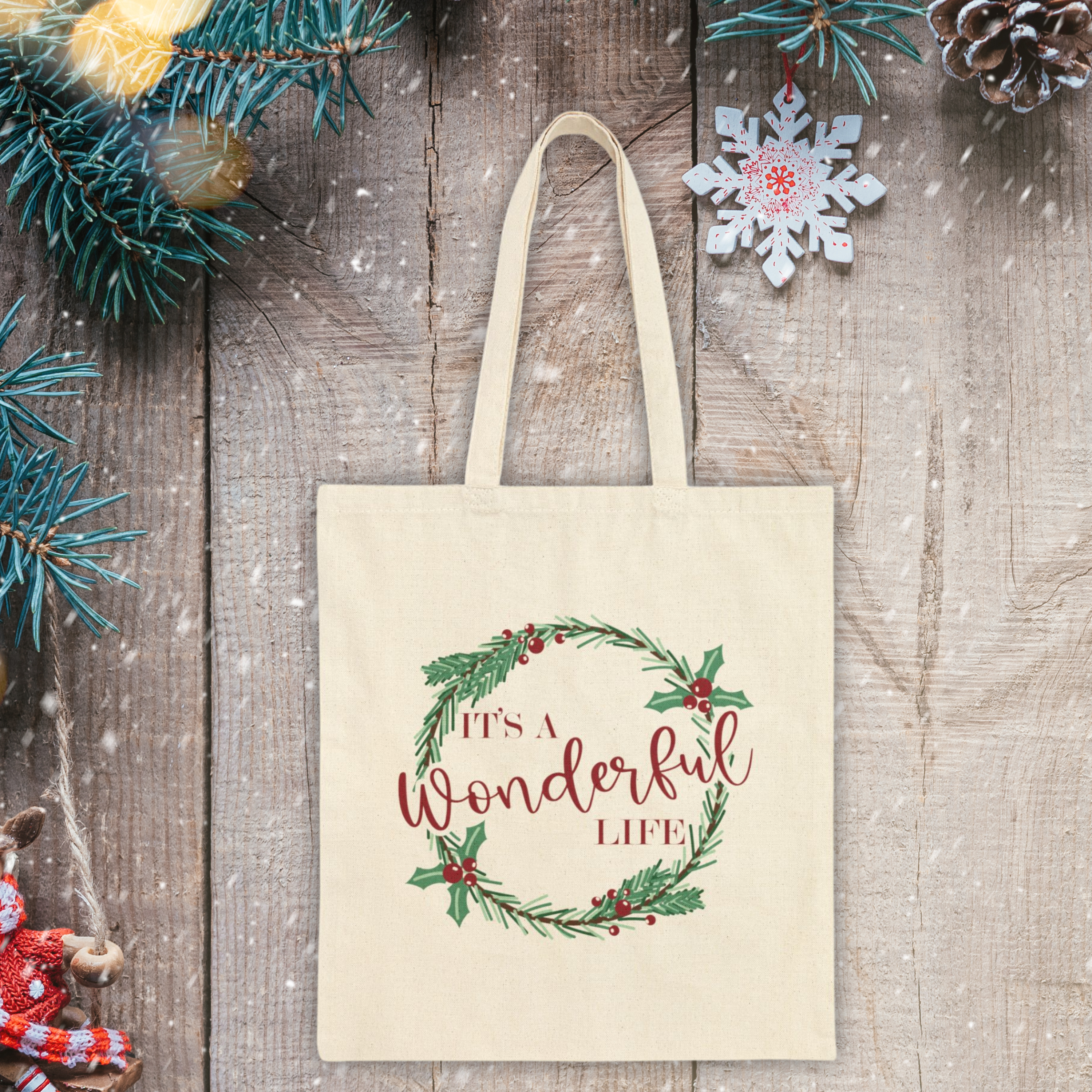 It's A Wonderful Life Christmas Wreath Cotton Canvas Tote Bag Unique Cozy Cute Winter Holiday Gift For Her Him Friend