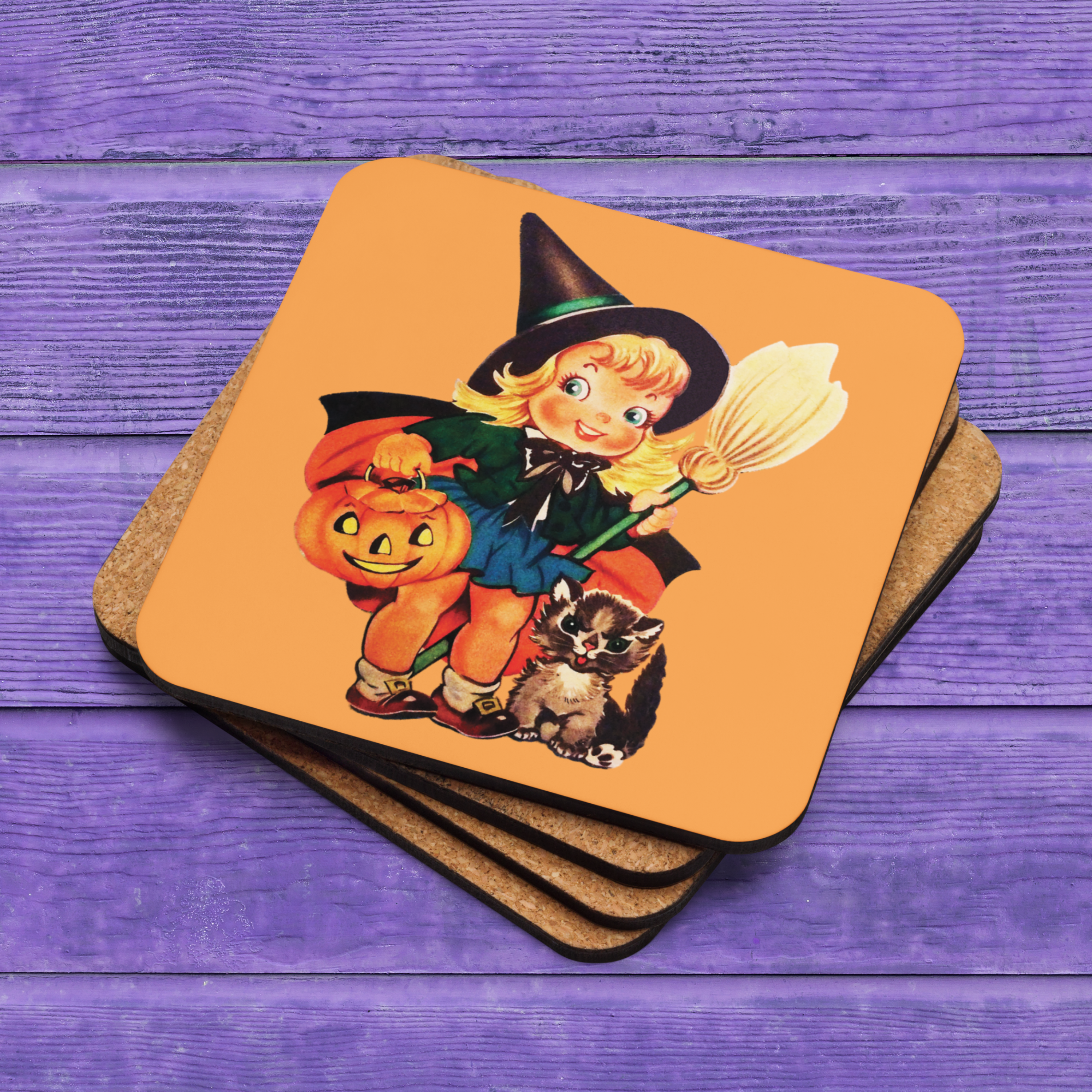 Little Witch With Cat And Broom Retro Halloween Cork-back Coaster