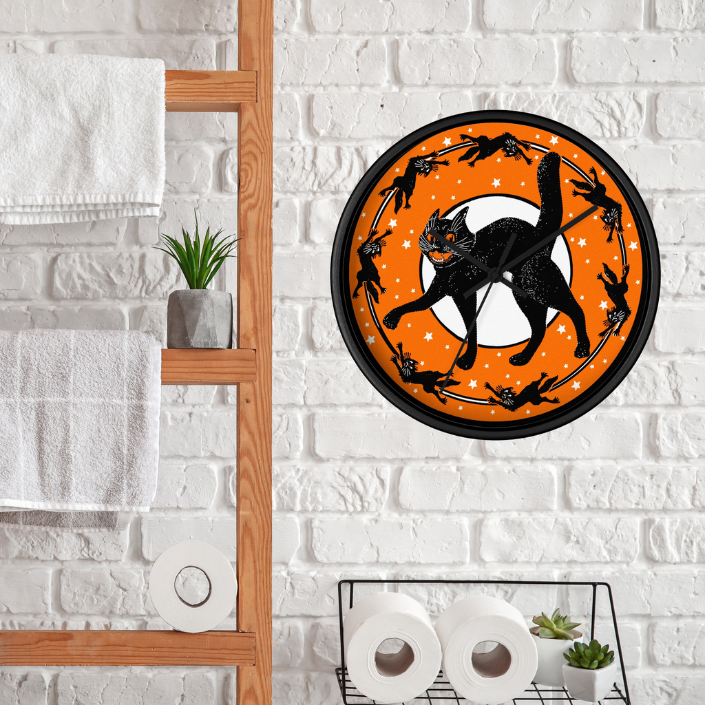 Black Cats Full Moon Stars Retro Halloween Black Wooden Wall Clock