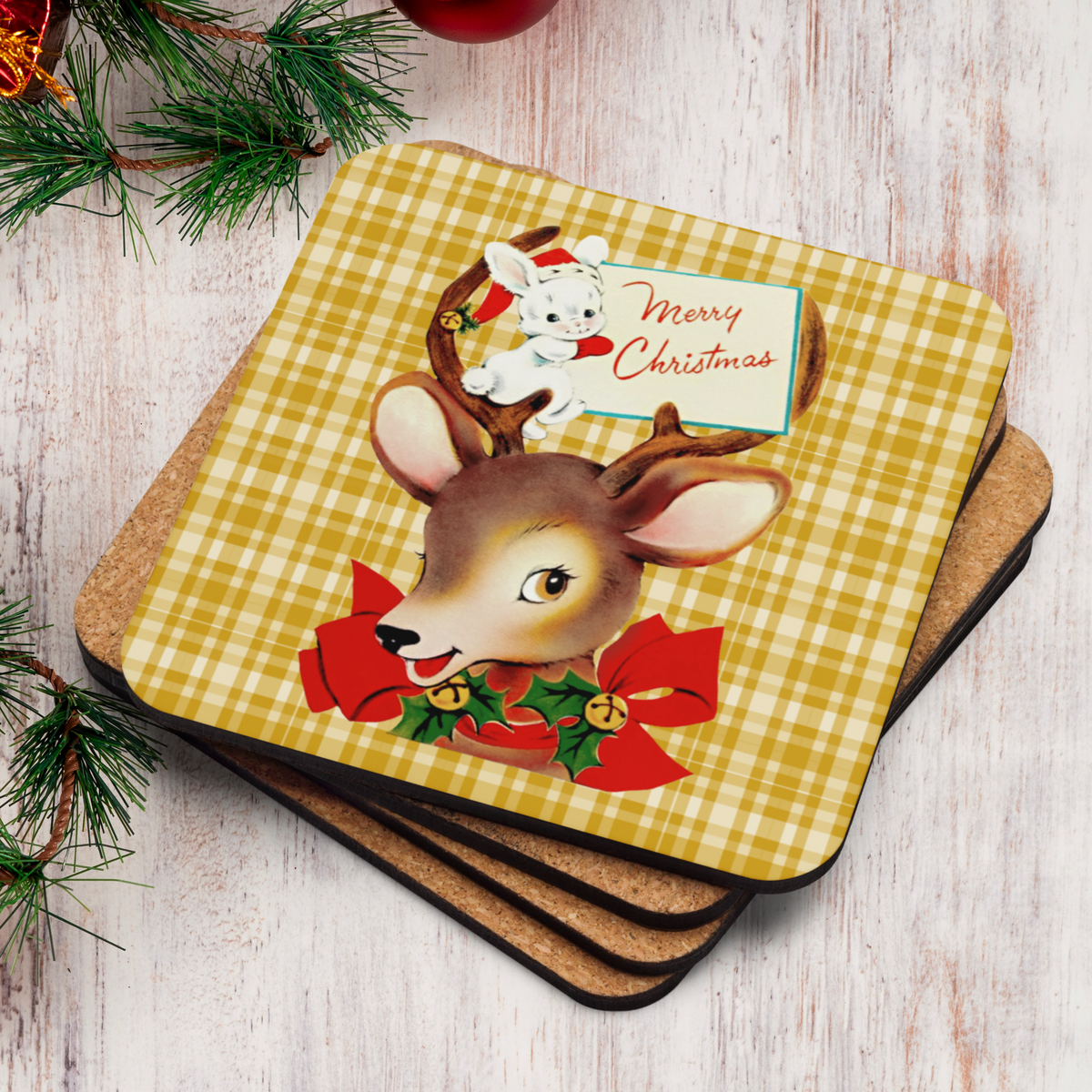 Merry Christmas Reindeer And Bunny Yellow Plaid Mid Century Retro Christmas Print Cork-back Coaster