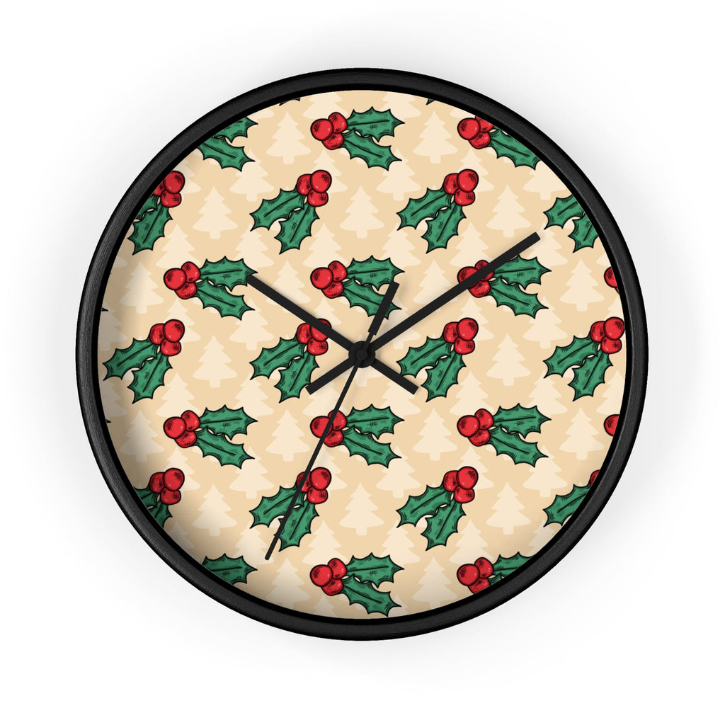 Cute Christmas Holly Trees Black Christmas Wall Clock