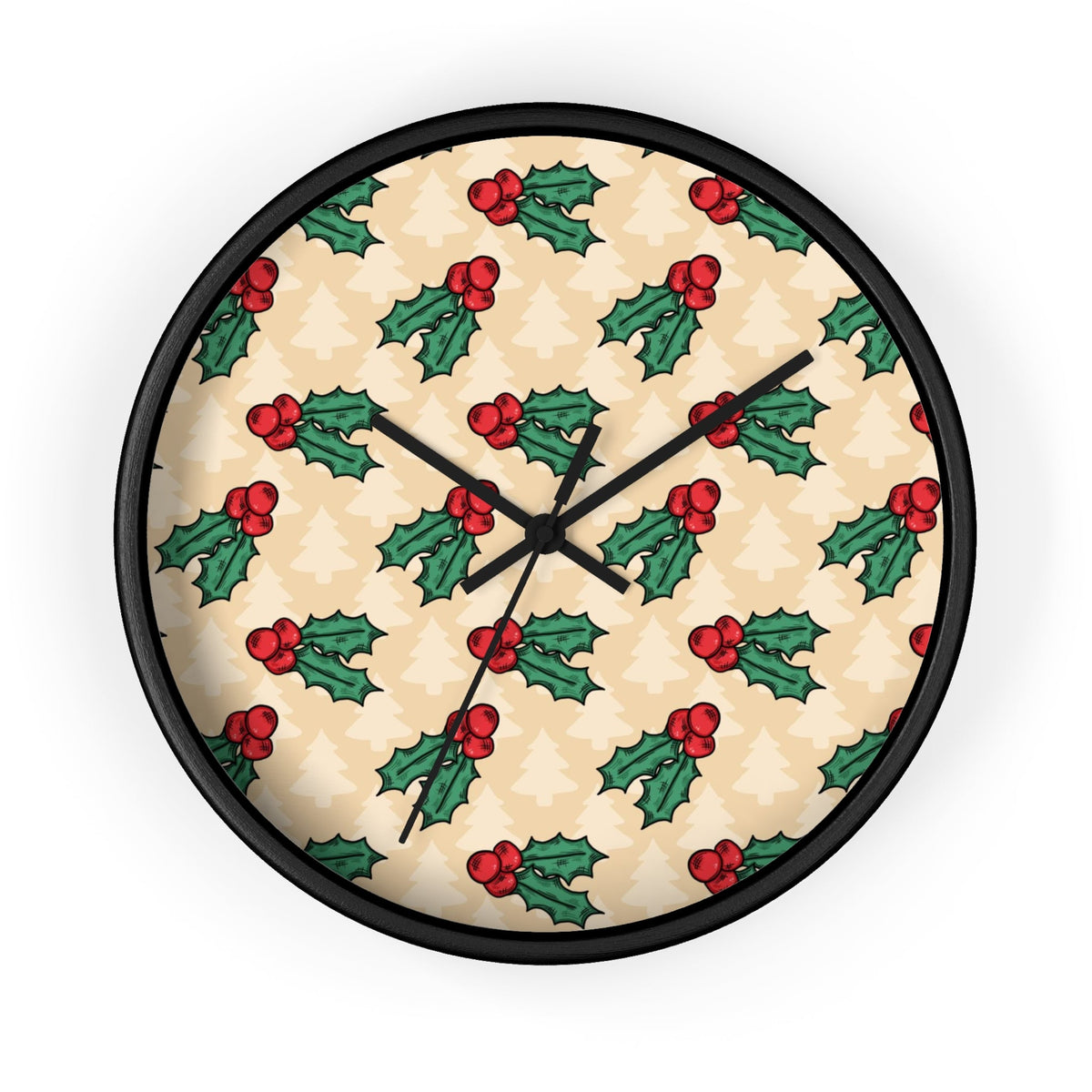 Cute Christmas Holly Trees Black Christmas Wall Clock