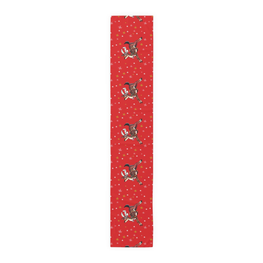 Leaping Reindeer Stars Red Midcentury Retro Christmas Polyester Table Runner