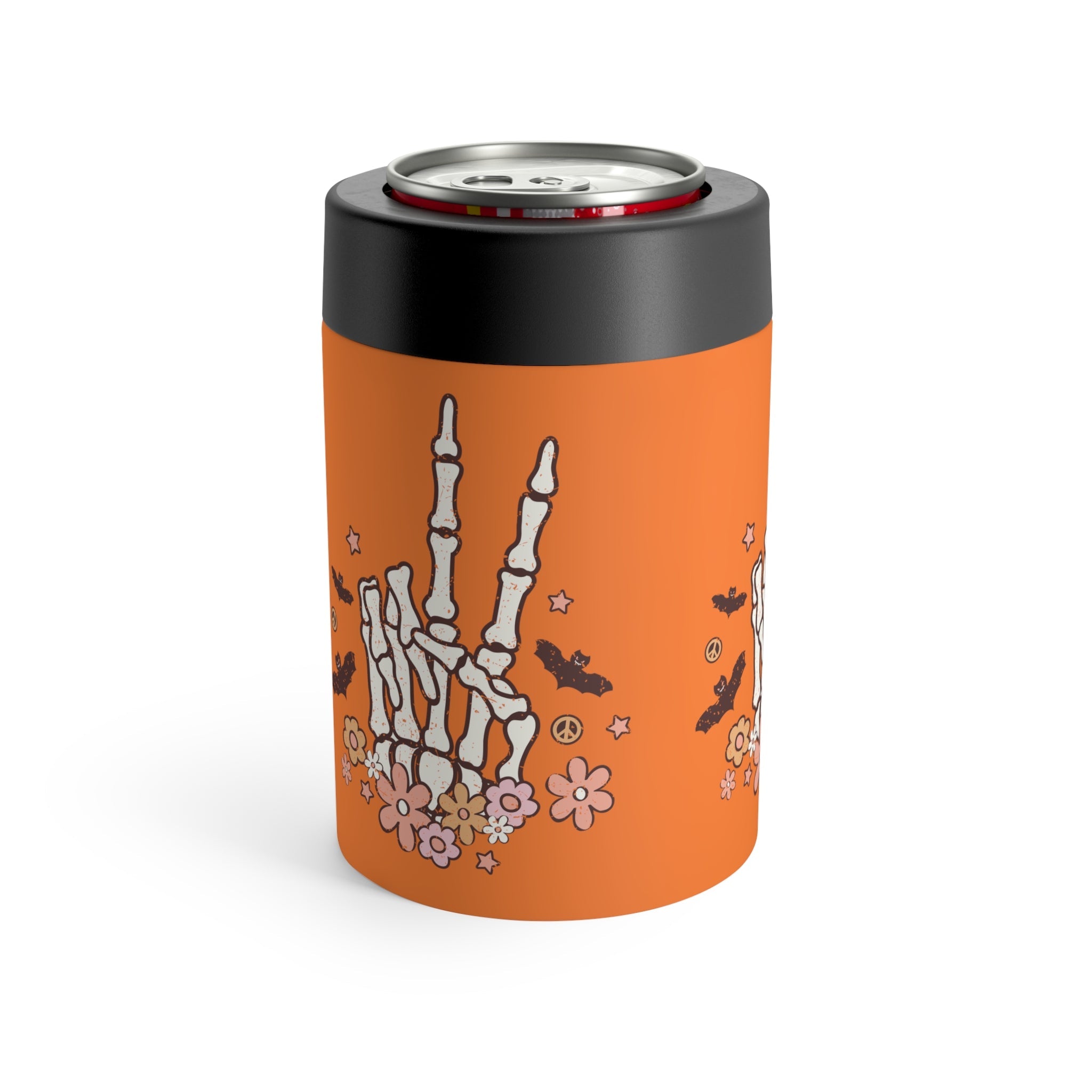Retro Groovy Halloween Skeleton Peace Sign Stainless Steel Can Holder