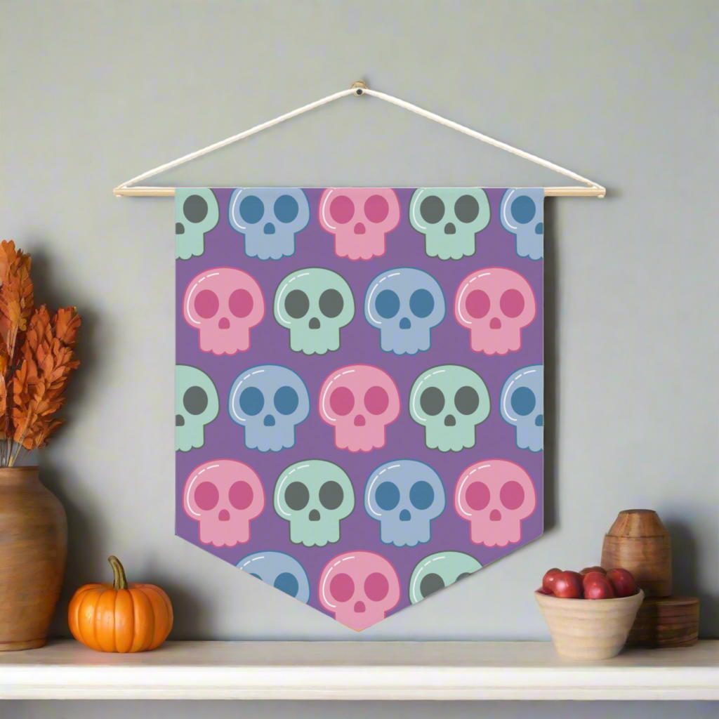 Cute Pastel Halloween Skulls Print Wall Hanging Banner Flag