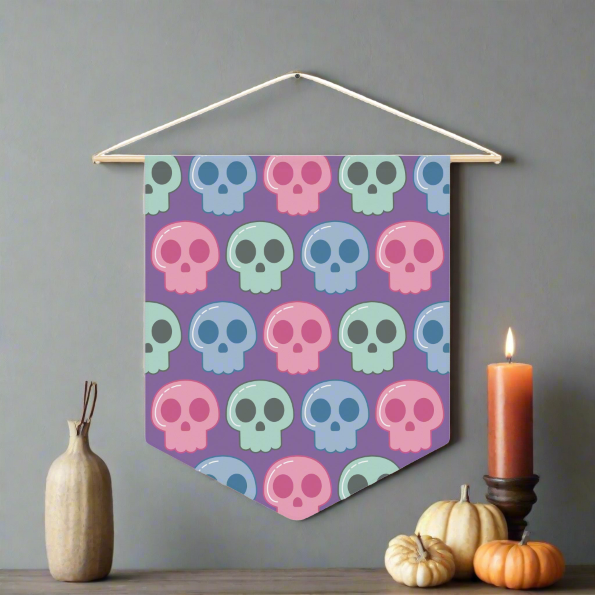 Cute Pastel Halloween Skulls Print Wall Hanging Banner Flag
