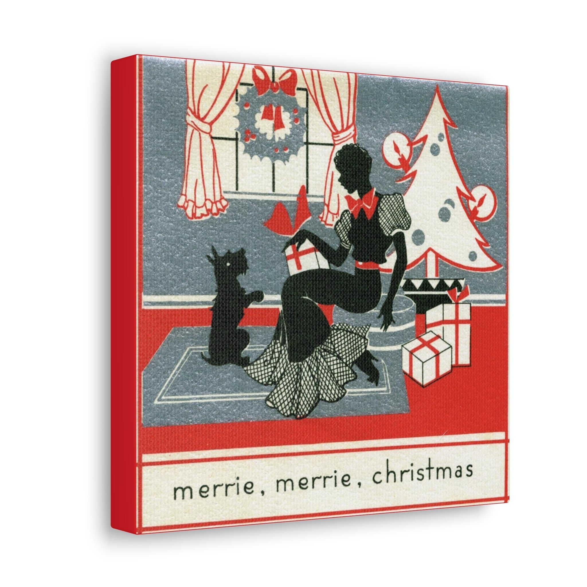 Merrie, Merrie Christmas Woman And Scottie Mid Century Retro Christmas Canvas Gallery Wrap