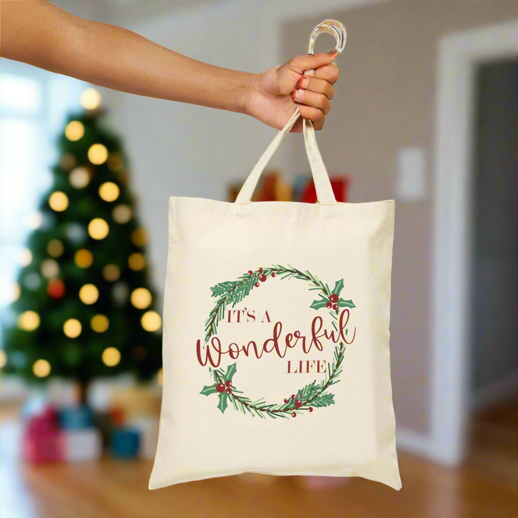 It's A Wonderful Life Christmas Wreath Cotton Canvas Tote Bag Unique Cozy Cute Winter Holiday Gift For Her Him Friend