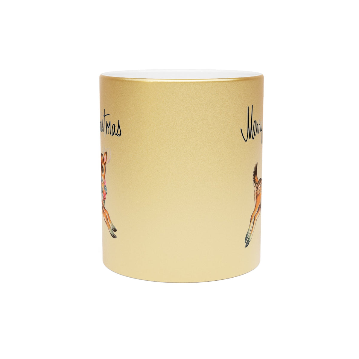 Merry Christmas Mid Century Retro Reindeer Print Gold Metallic Mug