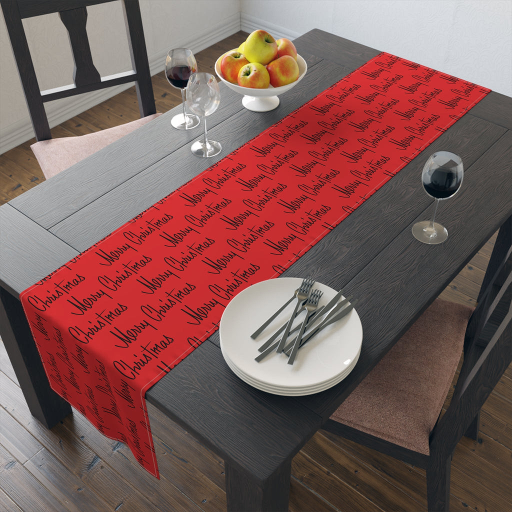 Merry Christmas Mid Century Retro Style Red Christmas Print Home Decor Cotton Poly Table Runner