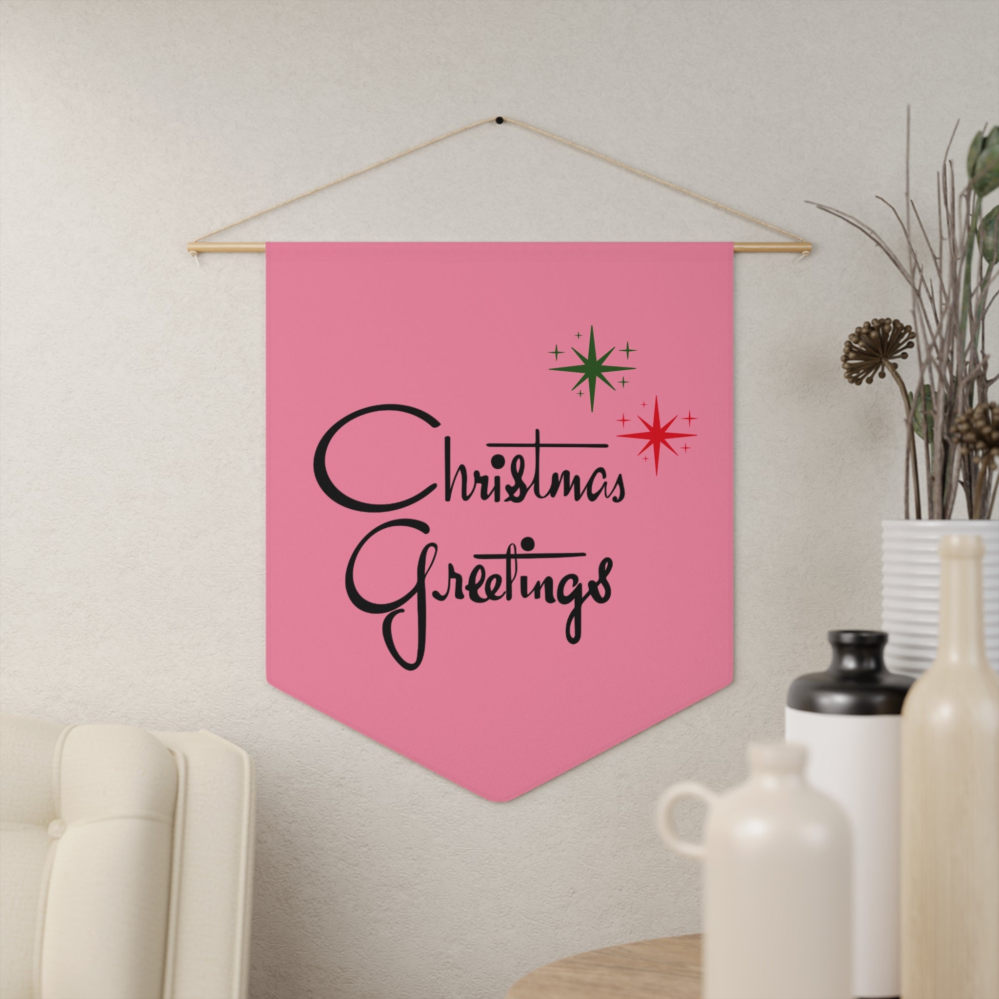 Christmas Greetings Starburst Retro Mid Century Pink Christmas Print Style Decor Print Wall Hanging Banner Flag