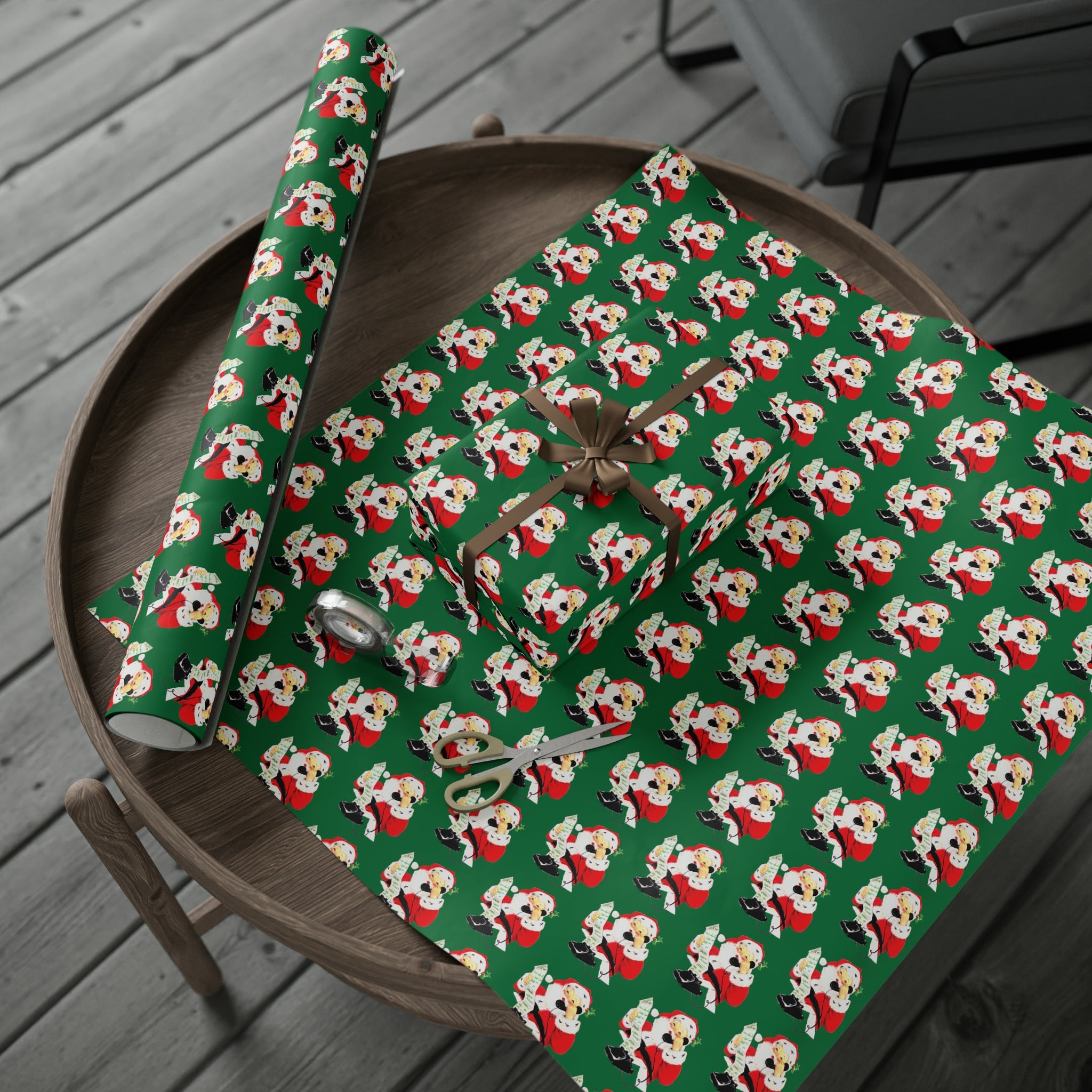 Santa Checking His List On Telephone Green Mid Century Retro Christmas Print Holiday Gift Wrap Paper - Glossy Or Matte