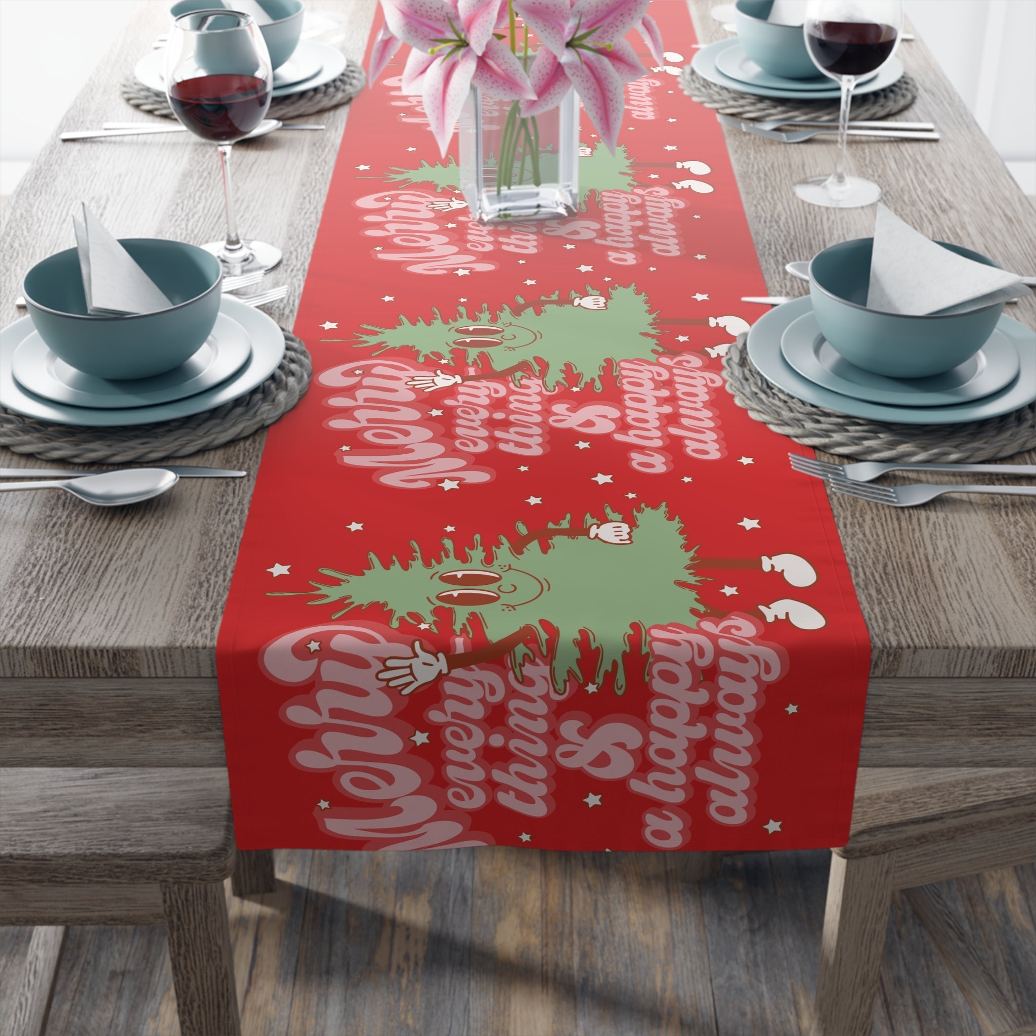 Merry Everything And A Happy Always Cute Christmas Tree Retro Style Red Christmas Decor Cotton Poly Table Runner