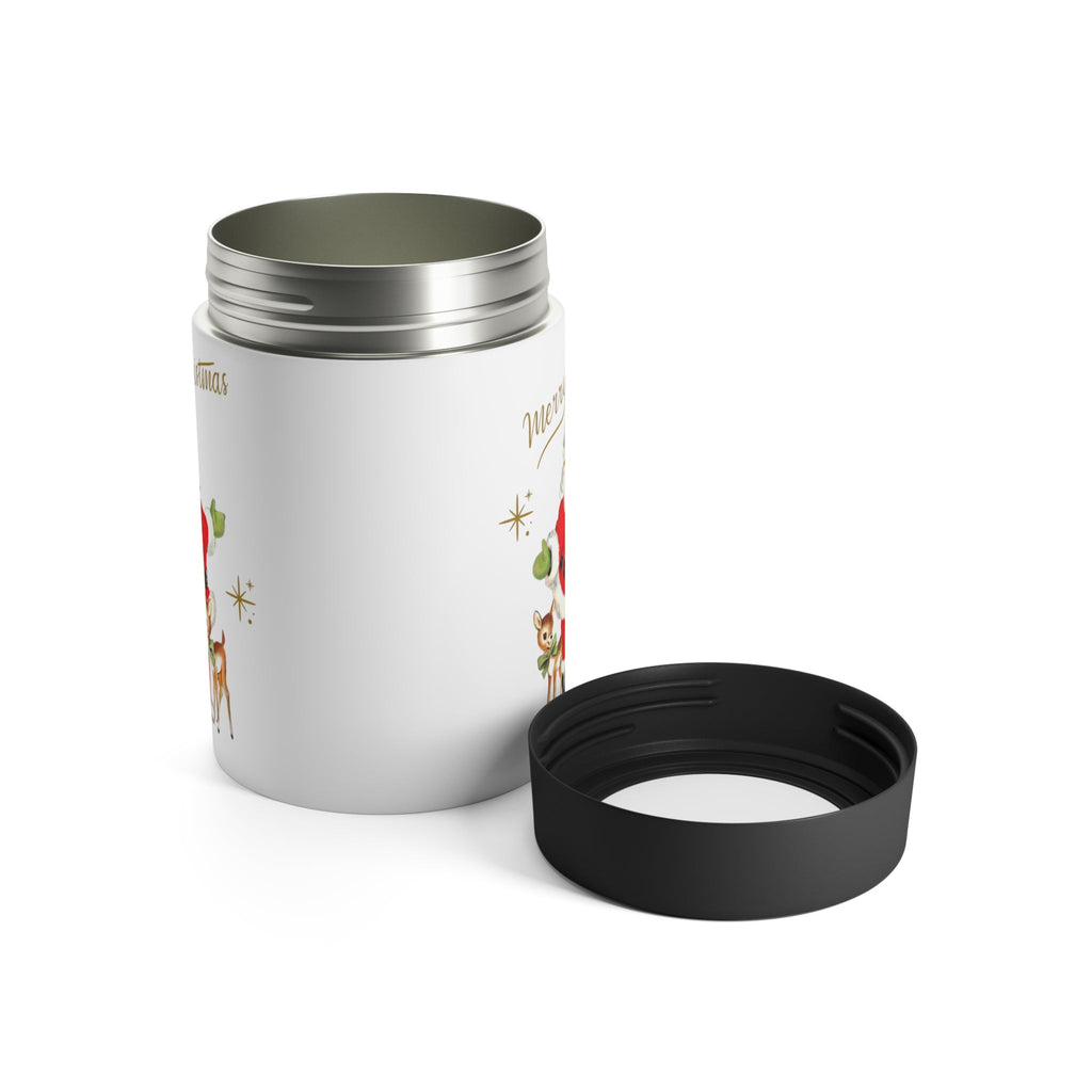 Merry Christmas Santa Baby Reindeer Gold Stars Mid Century Retro Christmas Print Stainless Steel Can Holder