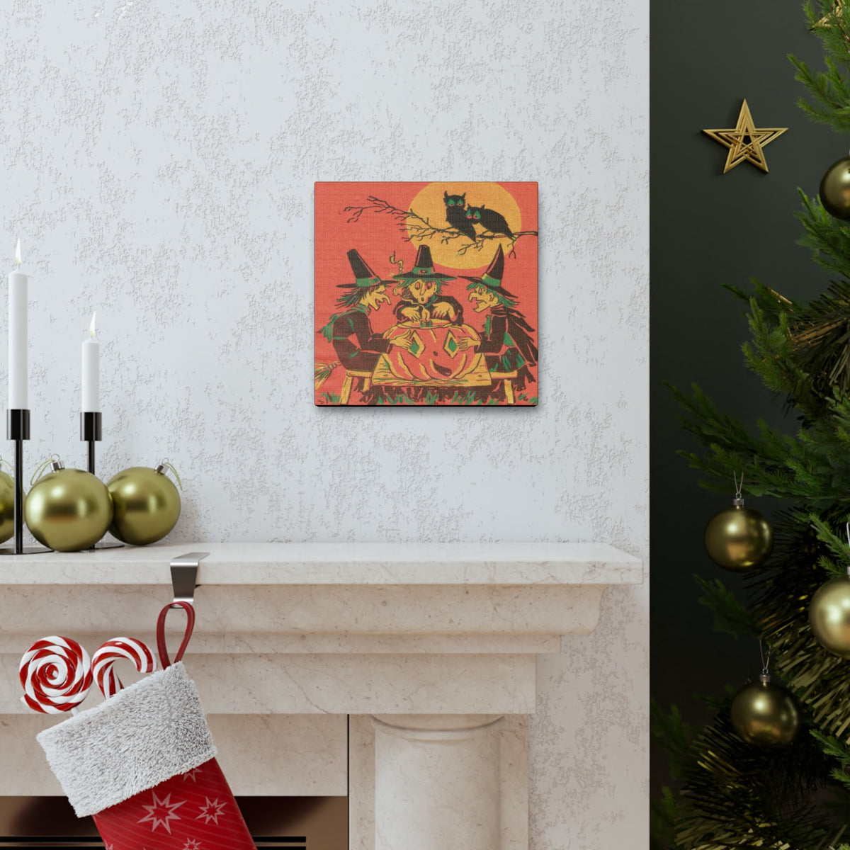 Three Witches Owls Halloween Canvas Gallery Wrap - Retro Style
