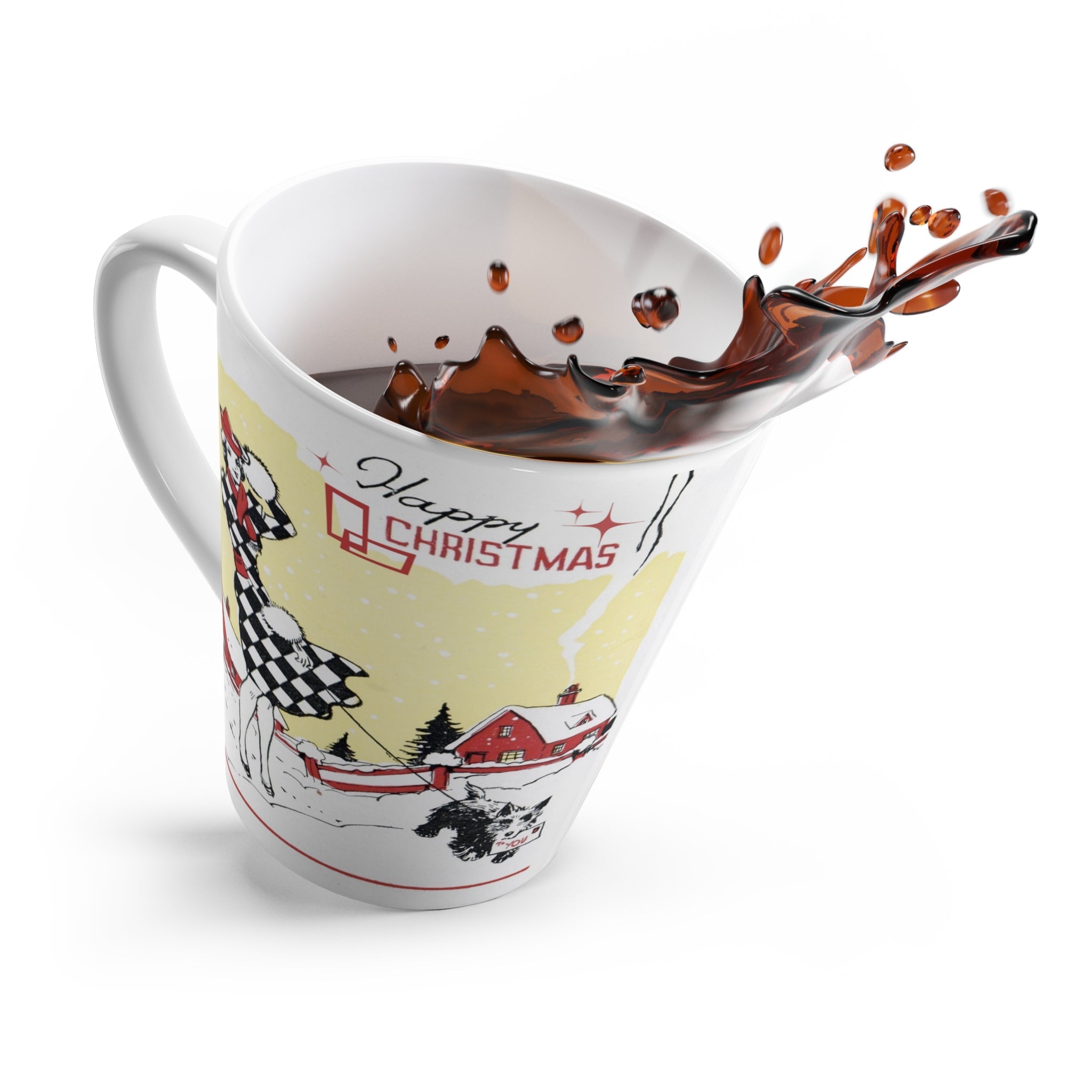 Happy Christmas Lady With Black Scottie Deco Mid Century Retro Christmas Print Latte Coffee Mug