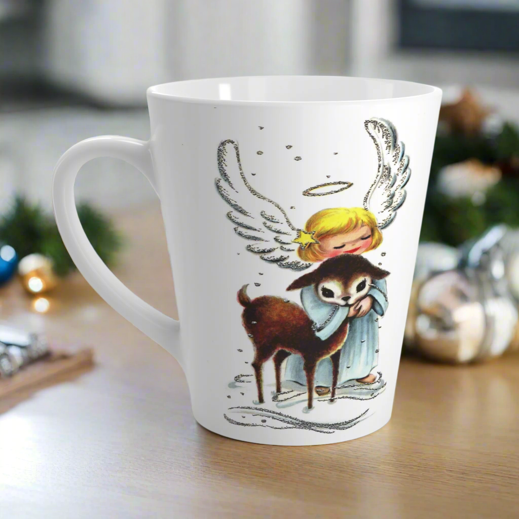 Angel Hugging Baby Fawn Deer Mid Century Retro Christmas Latte Coffee Mug