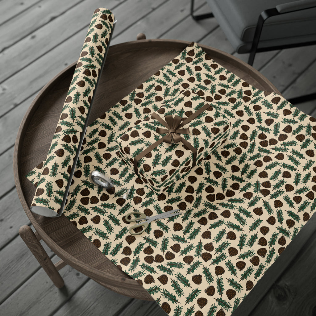 Pinecones With Sprigs Of Pine Cute Winter Christmas Print Holiday Gift Wrap Paper - Glossy Or Matte