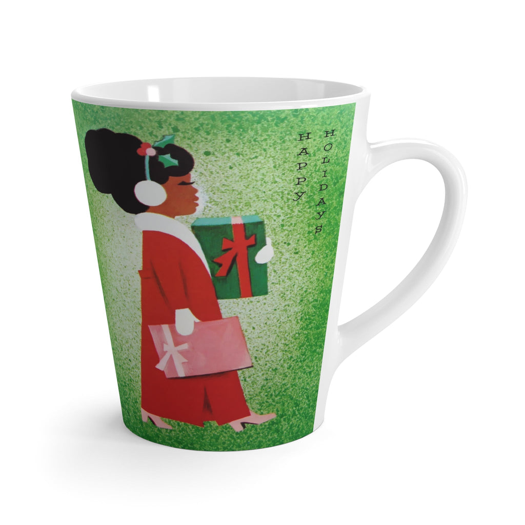 Happy Holidays Christmas Lady With Presents Retro Christmas Print Latte Coffee Mug
