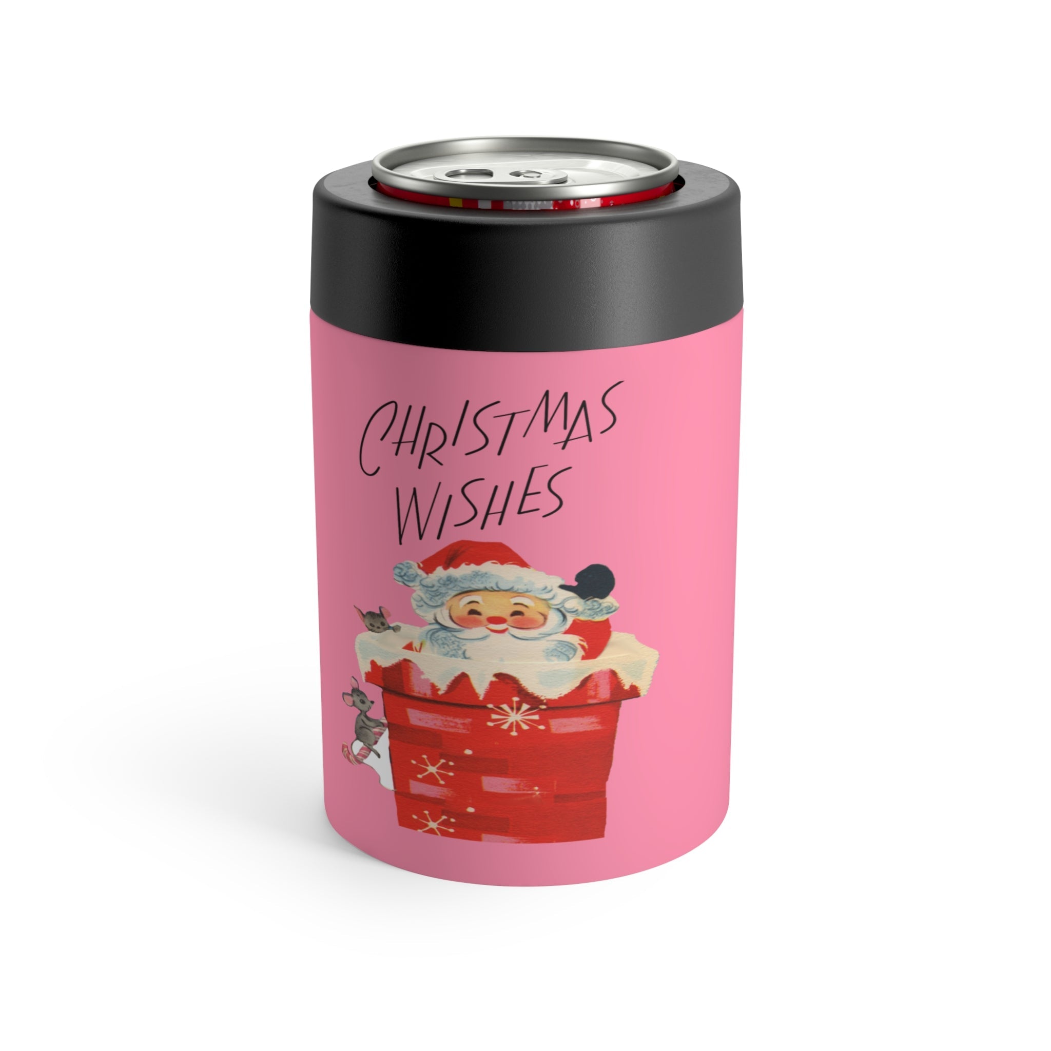 Christmas Wishes Santa In Chimney With Mice Pink Mid Century Retro Christmas Print Stainless Steel Can Holder
