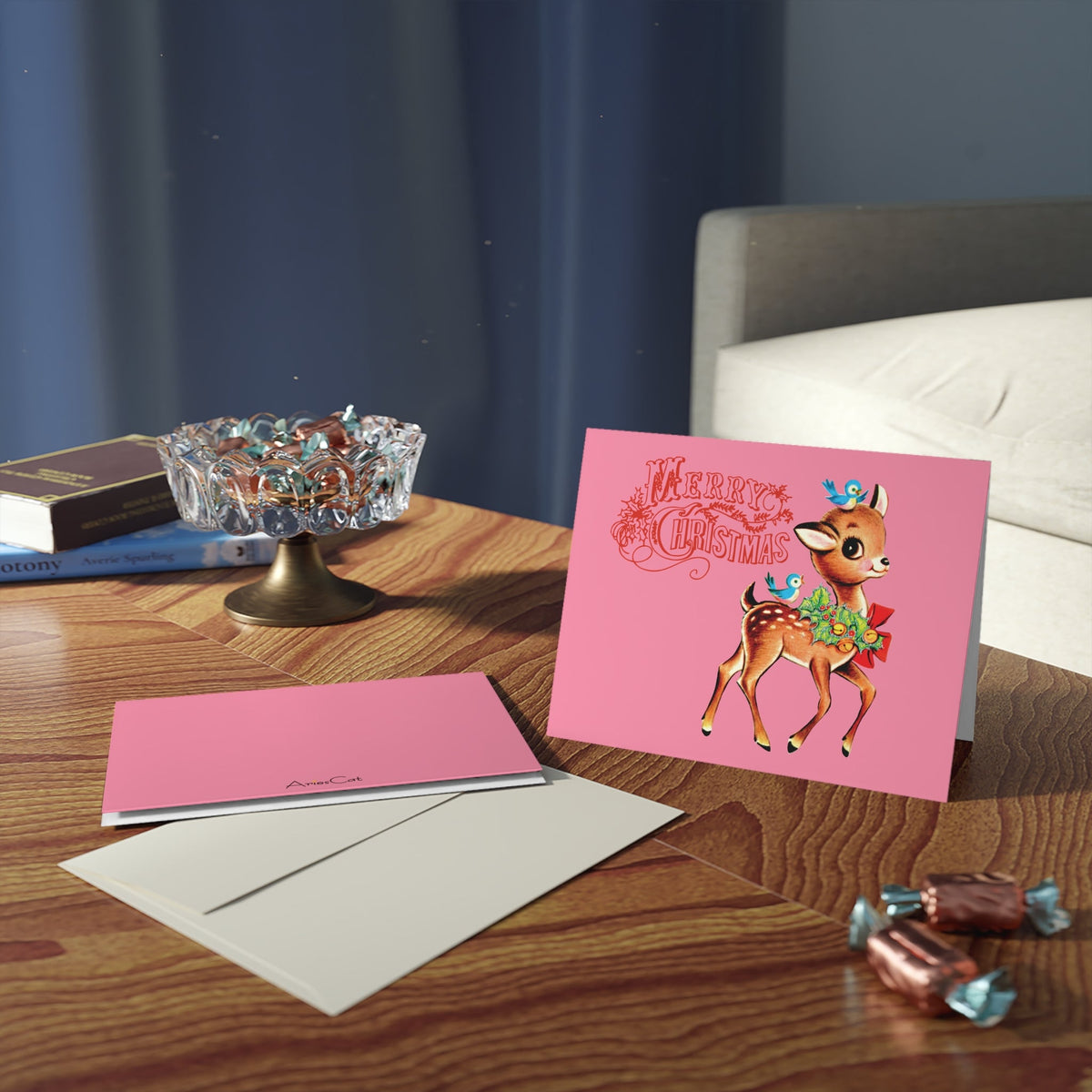 Merry Christmas Reindeer Bluebirds Mid Century Retro Christmas Print Matte Greeting Cards (8, 16, and 24 pcs)