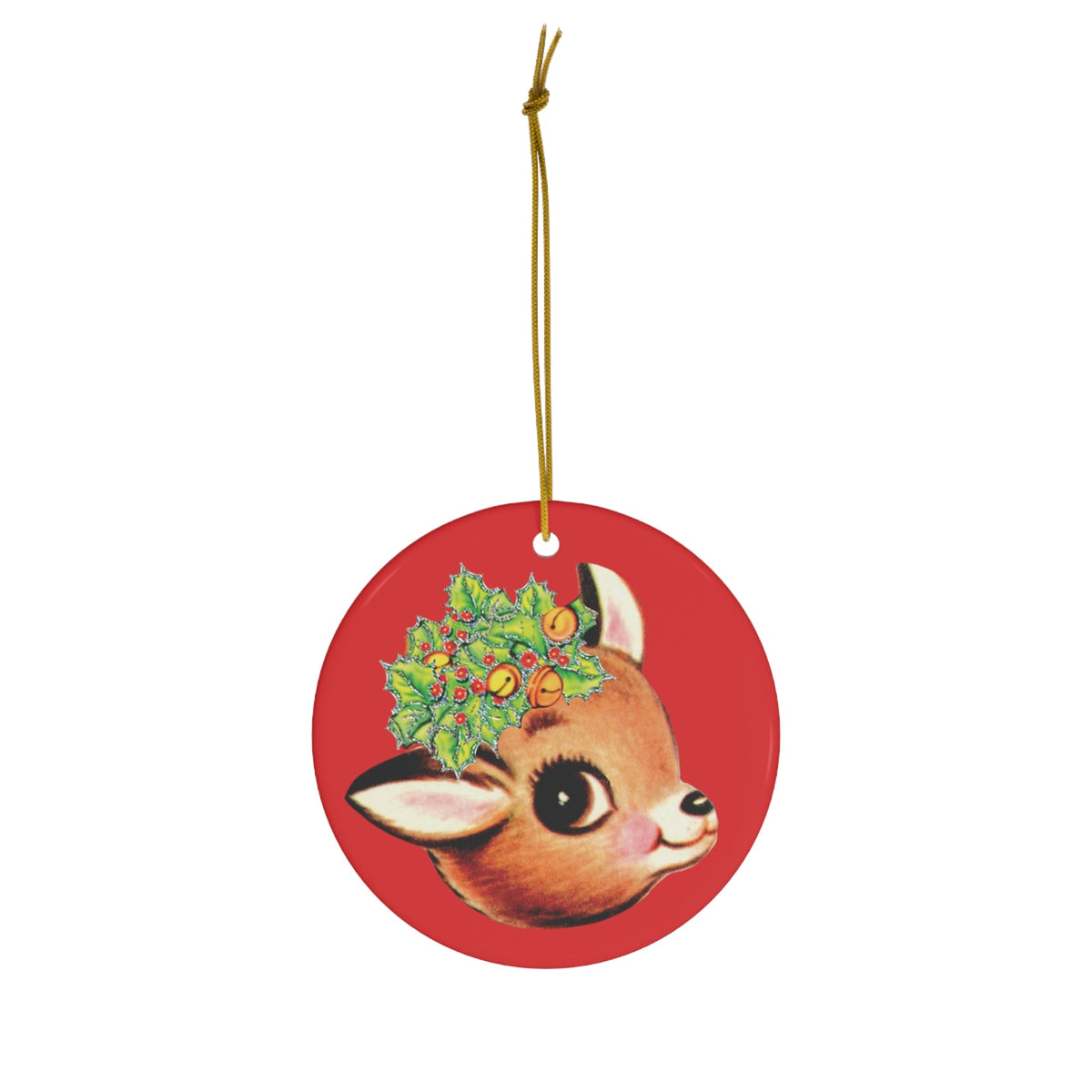 Reindeer Holly Bells Mid Century Retro Christmas Print Ceramic Ornament
