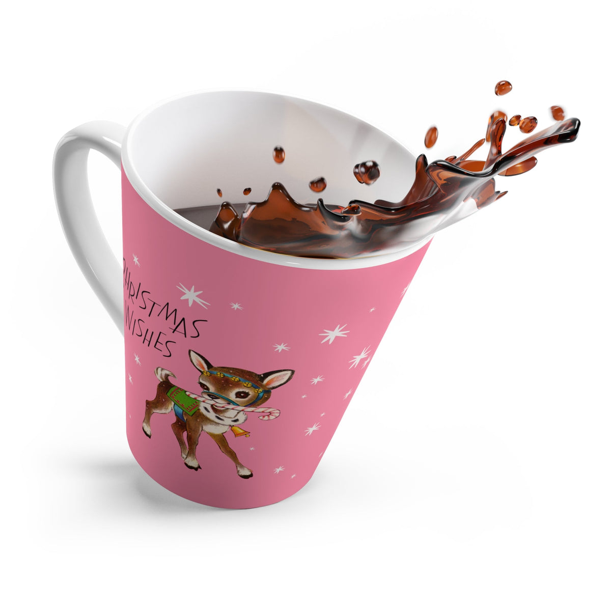 Christmas Wishes Reindeer Stars Pink Mid Century Retro Print Latte Mug