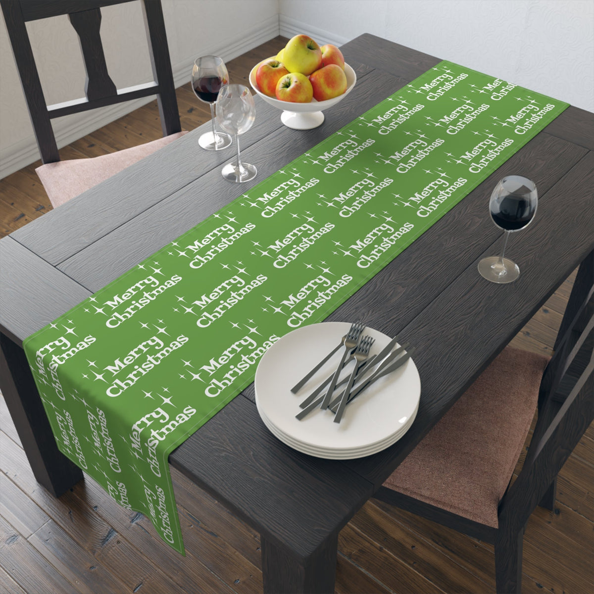 Merry Christmas Starburst Atomic Mid Century Retro Style Christmas Decor Green Cotton Poly Table Runner