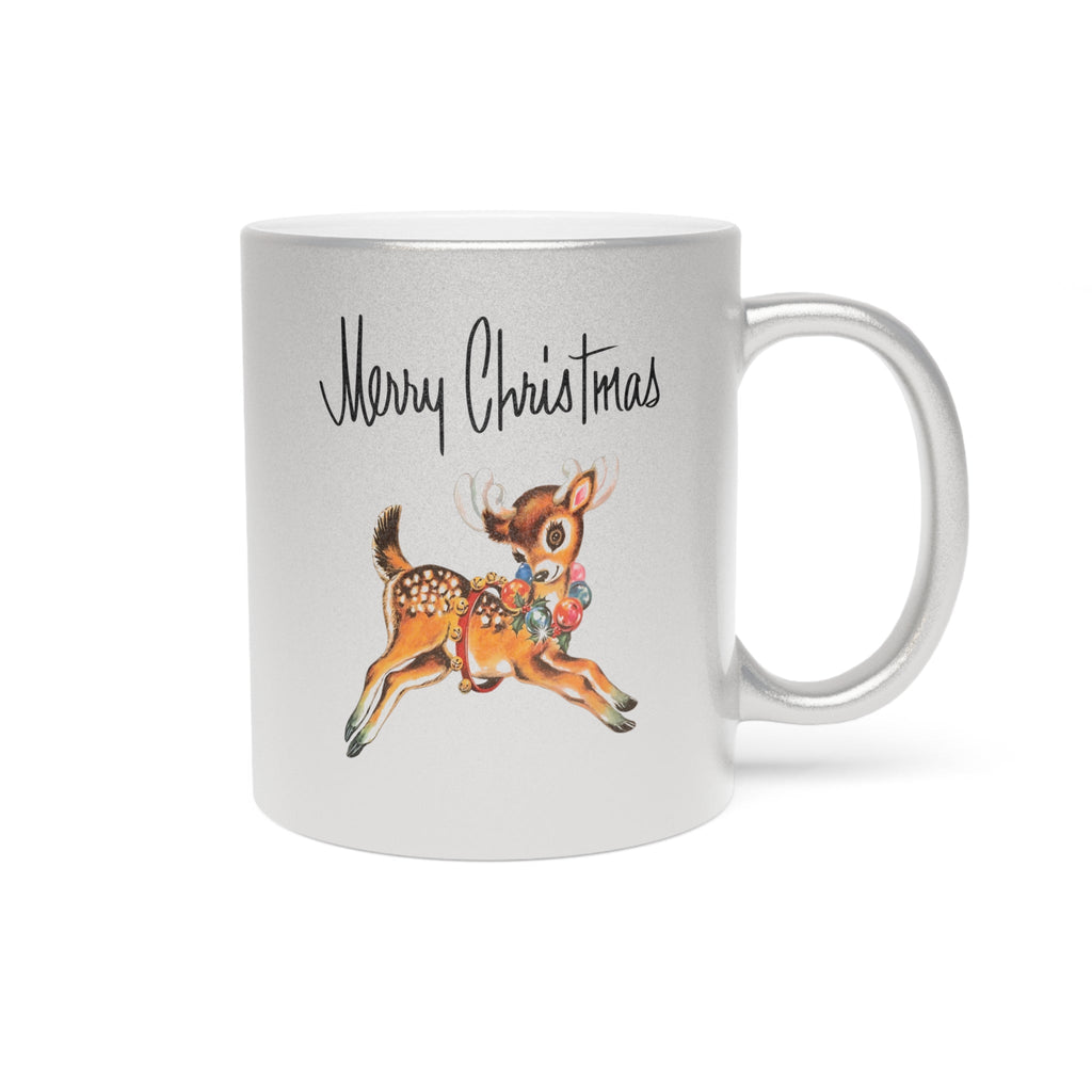 Merry Christmas Mid Century Retro Reindeer Print Silver Metallic Mug