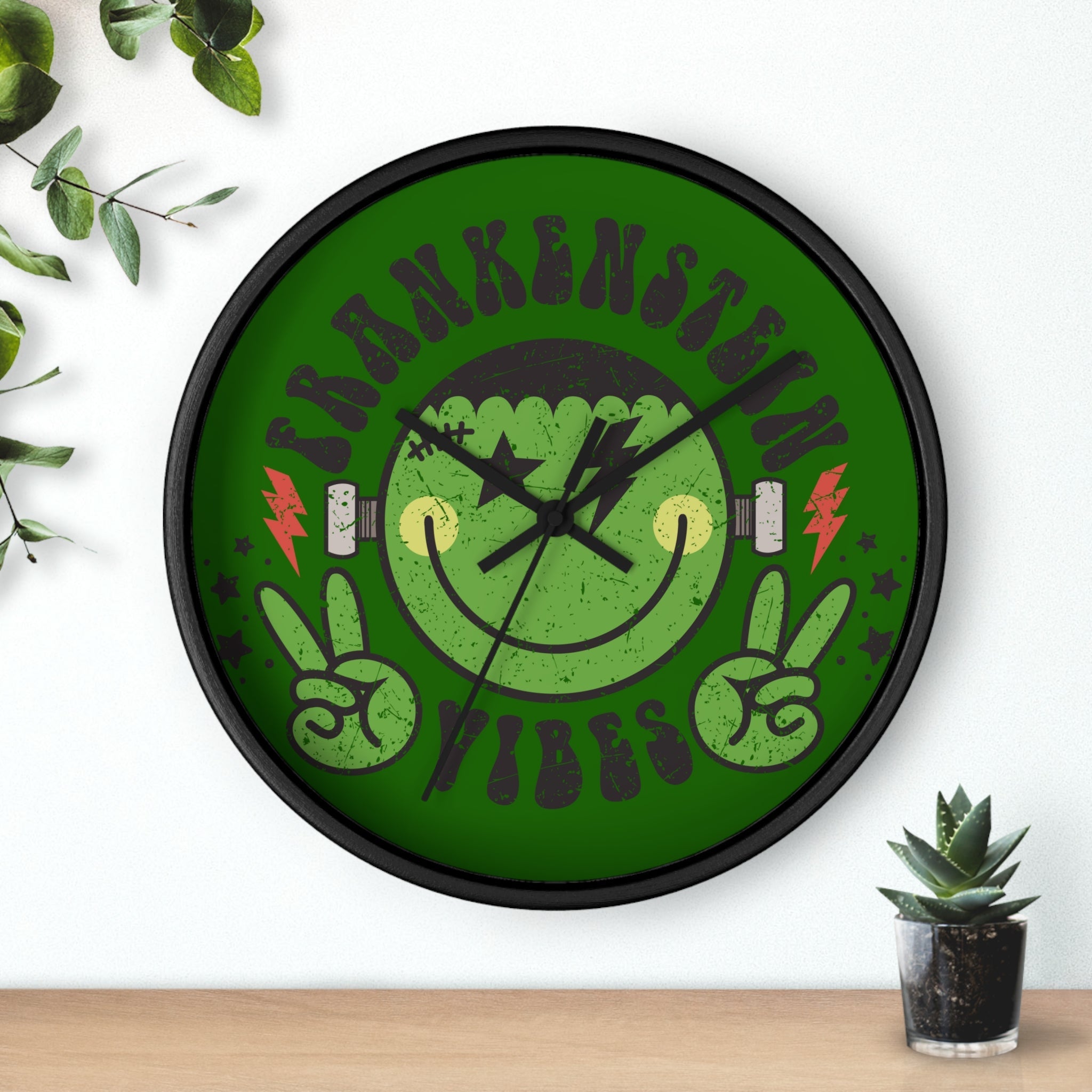 Frankenstein Vibes Monster Distressed Halloween Black Wall Clock
