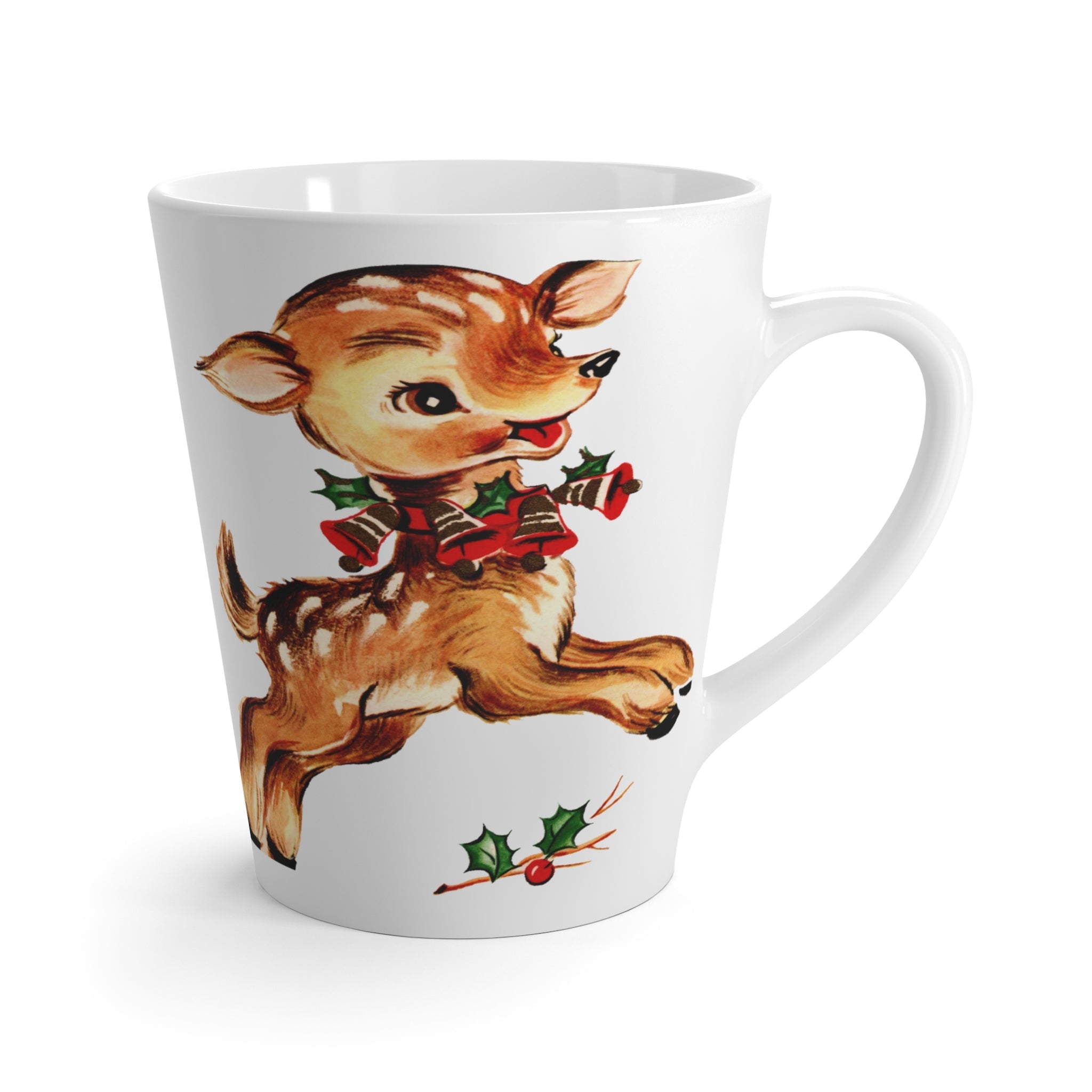 Reindeer With Holly Retro Christmas Print Print Latte Mug
