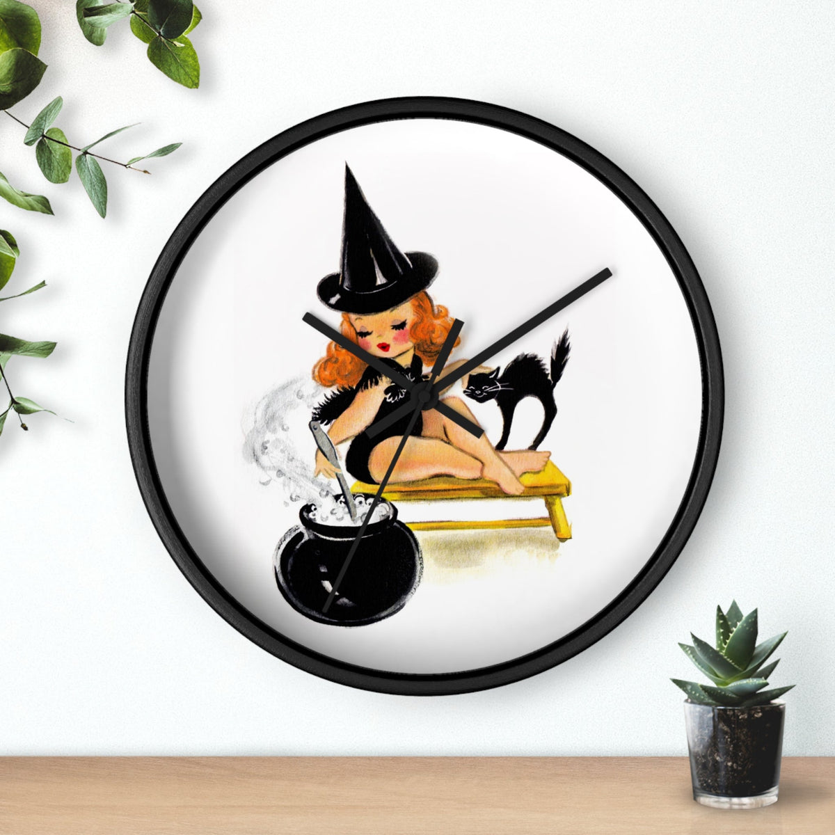 Orange Witch Black Cat Retro Halloween Print Decor Wall Clock