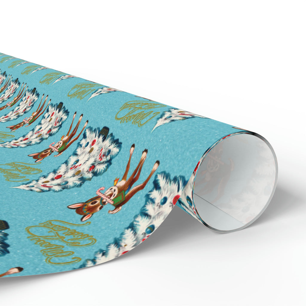 Merry Christmas Reindeer With Candy Cane Tree Blue Mid Century Retro Christmas Print Holiday Gift Wrap Paper - Glossy Or Matte