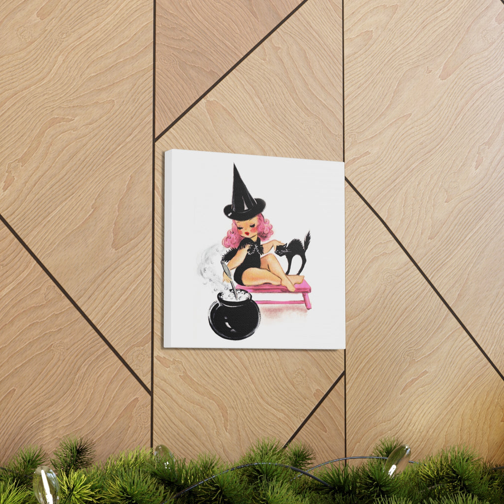 Pink Witch Black Cat Retro Halloween Decor Print Canvas Gallery Wrap
