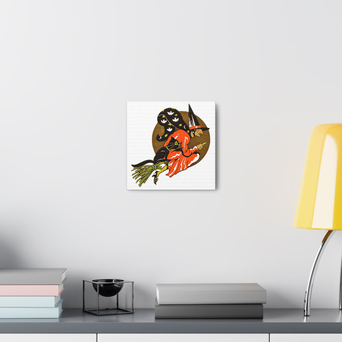 Gold Moon Witch Black Cat Retro Halloween Decor Print Canvas Gallery Wrap