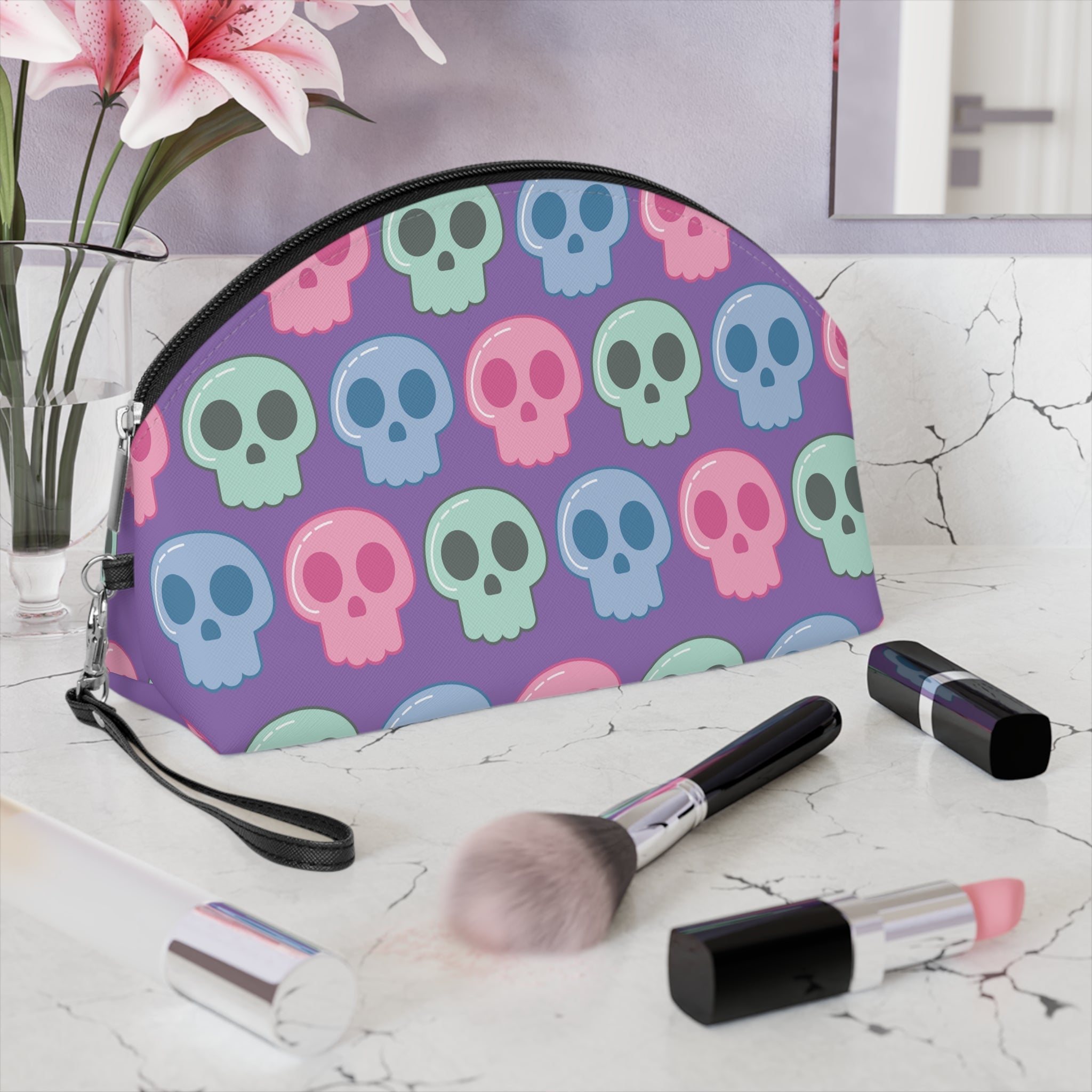 Pastel Skulls Purple Halloween Travel Cosmetic Makeup Bag