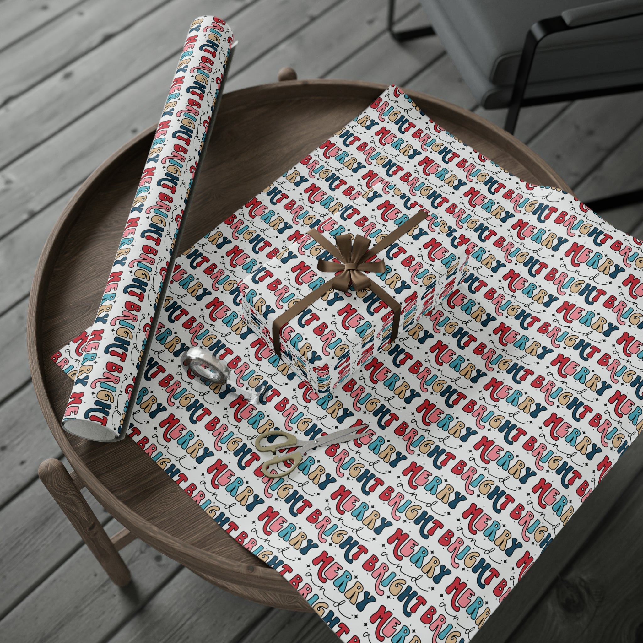 Merry And Bright Retro Style Christmas Print Holiday Gift Wrap Paper - Glossy Or Matte