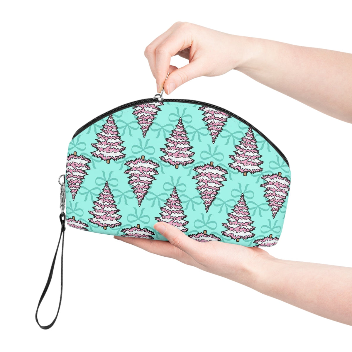 Pink Christmas Trees Bows Teal Christmas Cosmetic Travel Makeup Bag