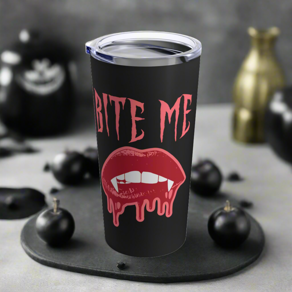 Bite Me Vampire Dracula Fangs Halloween Black Stainless Steel Tumbler 20oz