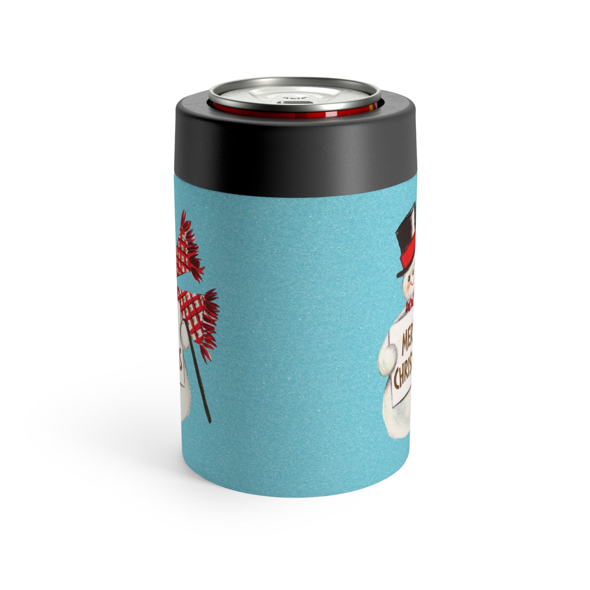 Merry Christmas Snowman Blue Background Mid Century Retro Christmas Print Stainless Steel Can Holder