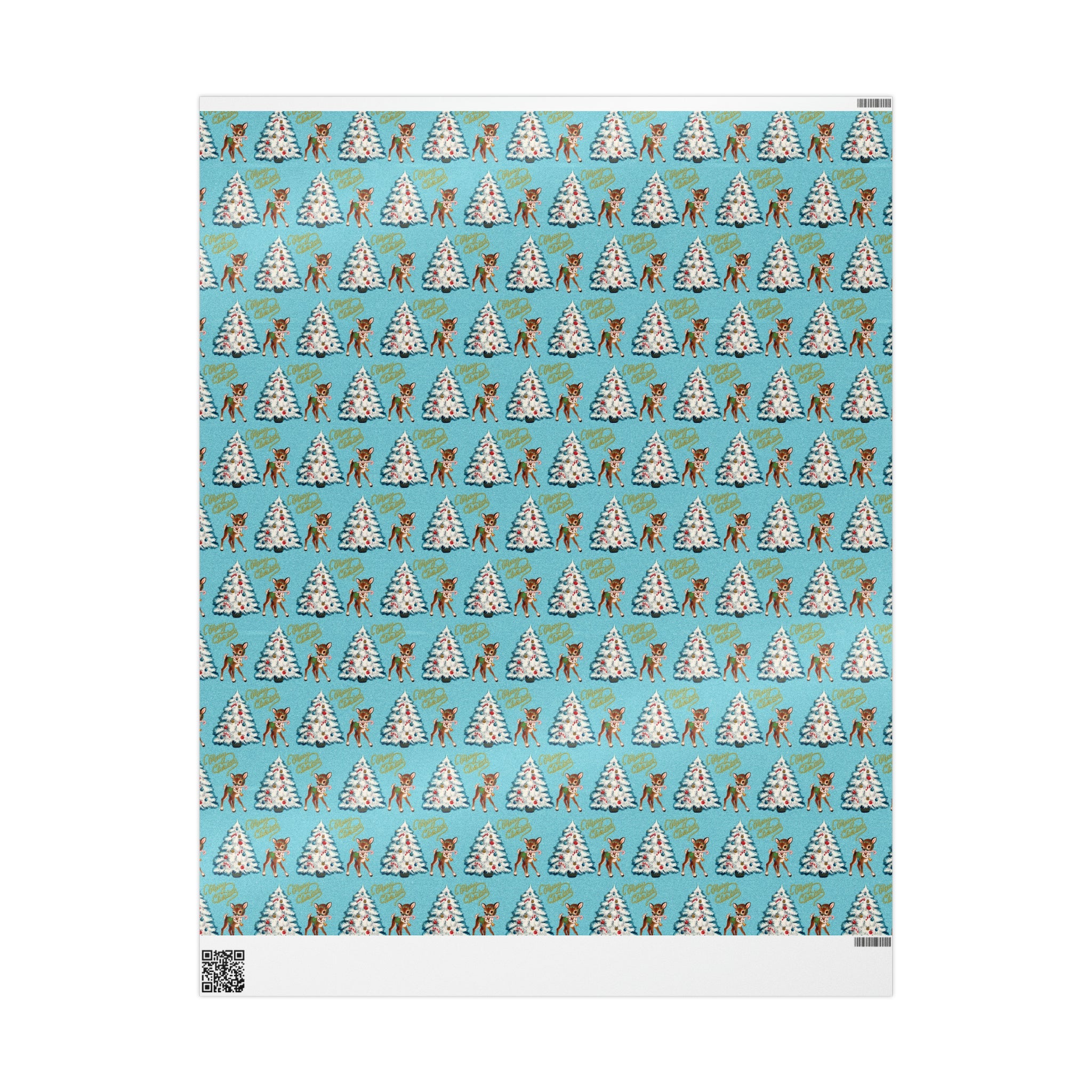 Merry Christmas Reindeer With Candy Cane Tree Blue Mid Century Retro Christmas Print Holiday Gift Wrap Paper - Glossy Or Matte