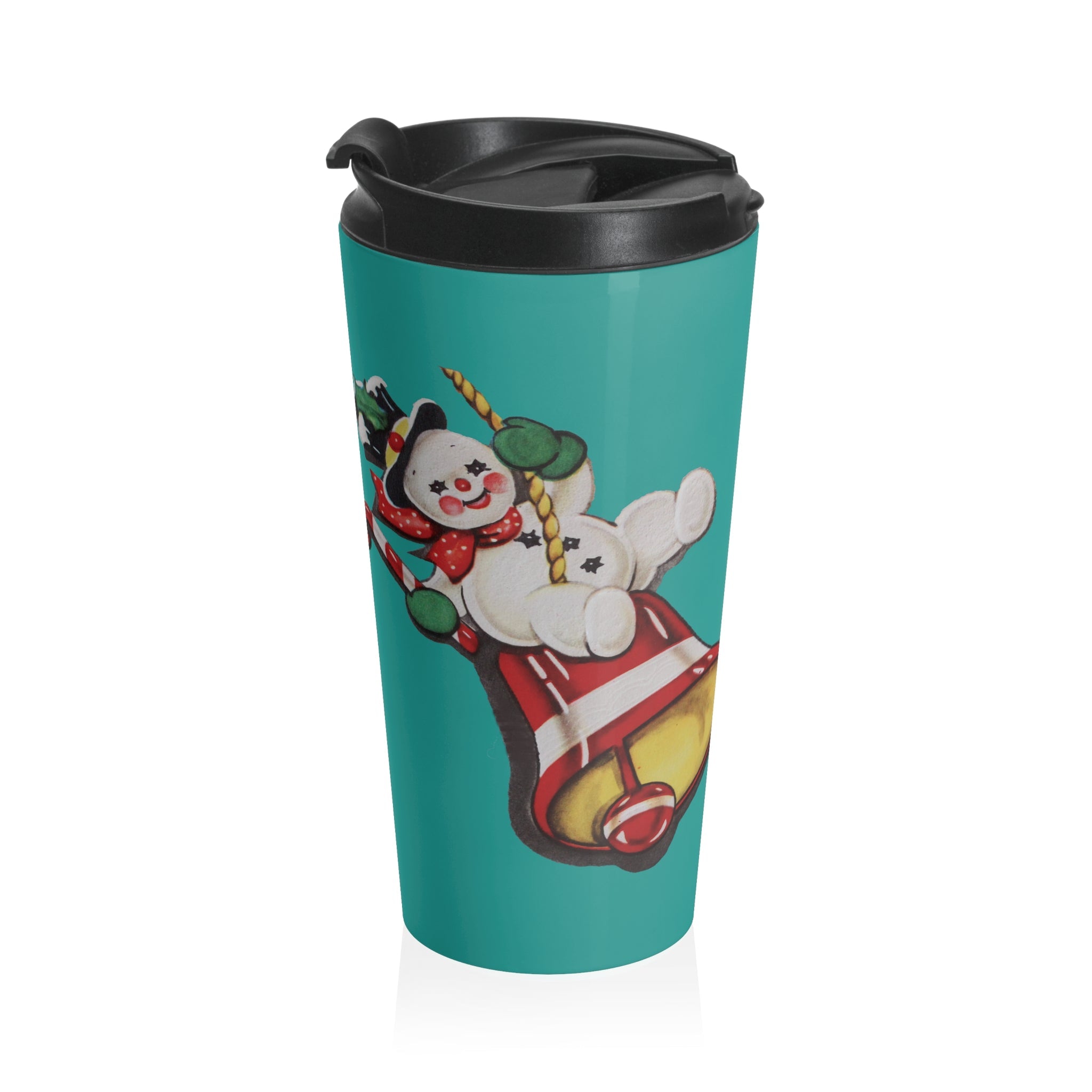 Cute Retro Snowman On Christmas Bell Mid Century Retro Christmas Print Turqoise Stainless Steel Travel Mug Tumbler 15oz