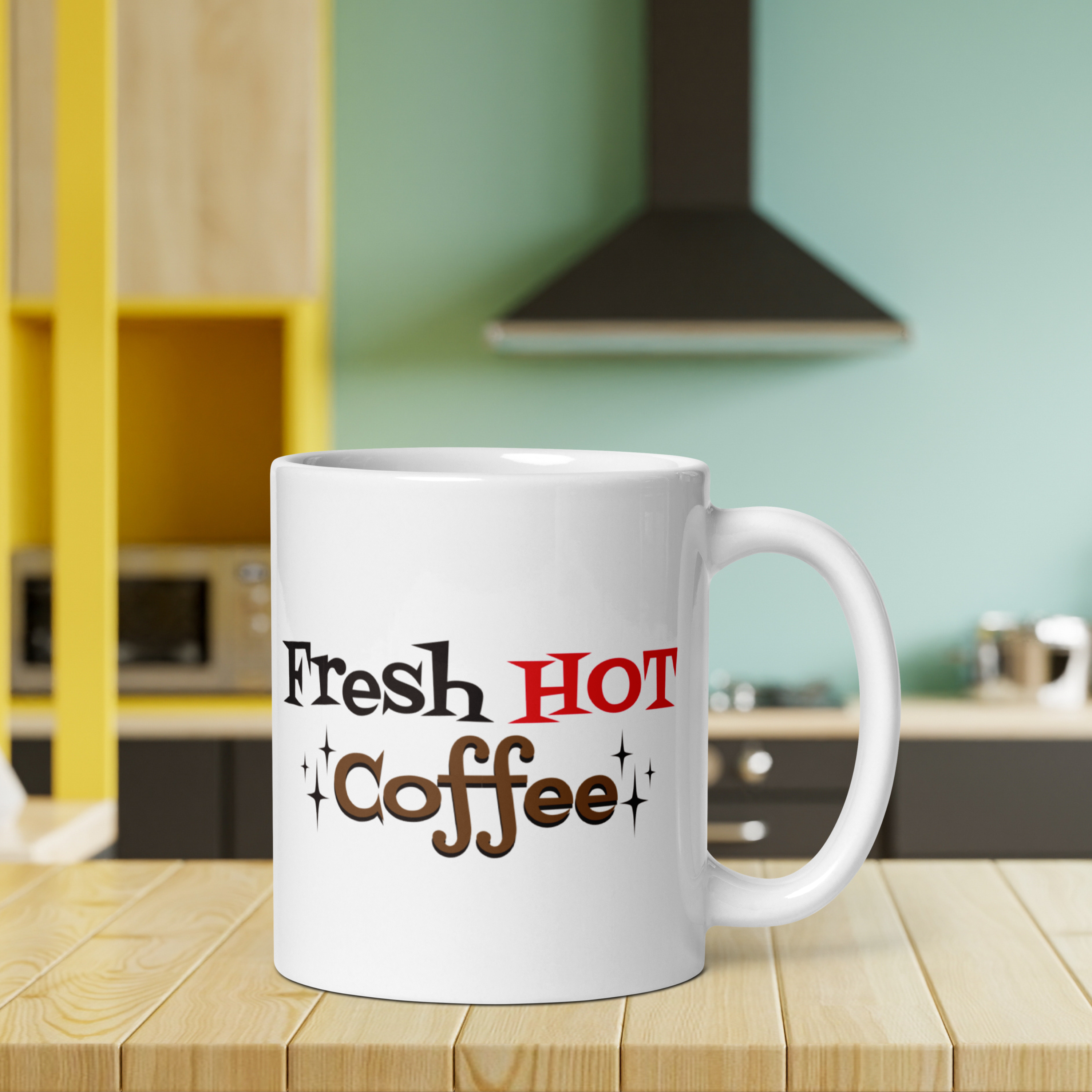 Fresh Hot Coffee Starburst Atomic Mid Century Retro Style White Glossy Coffee Mug