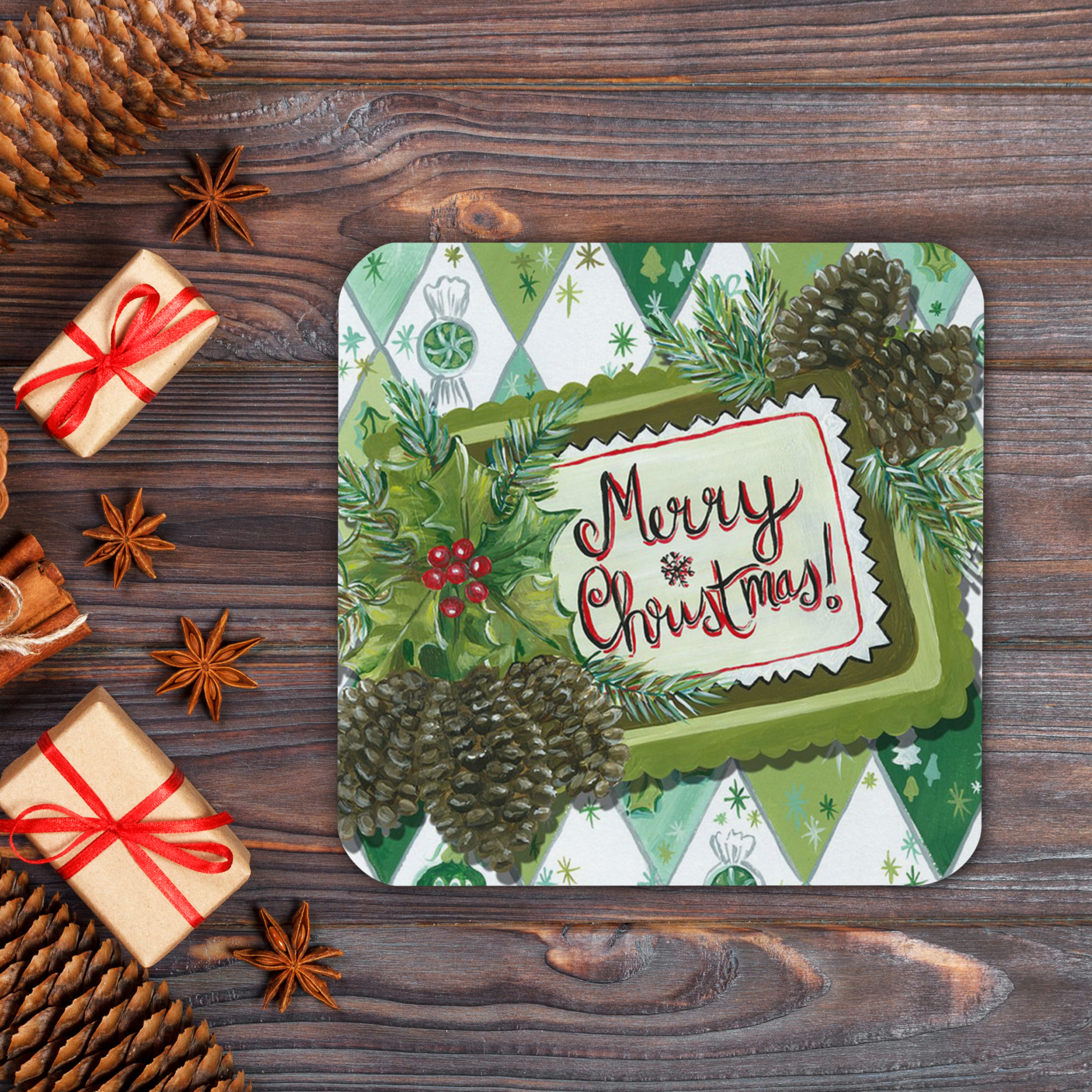 Merry Christmas Pinecones Retro Cork-back Coaster