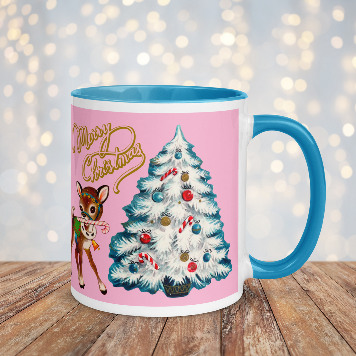 Merry Christmas Retro Reindeer Christmas Tree Lined Blue Ceramic Mug
