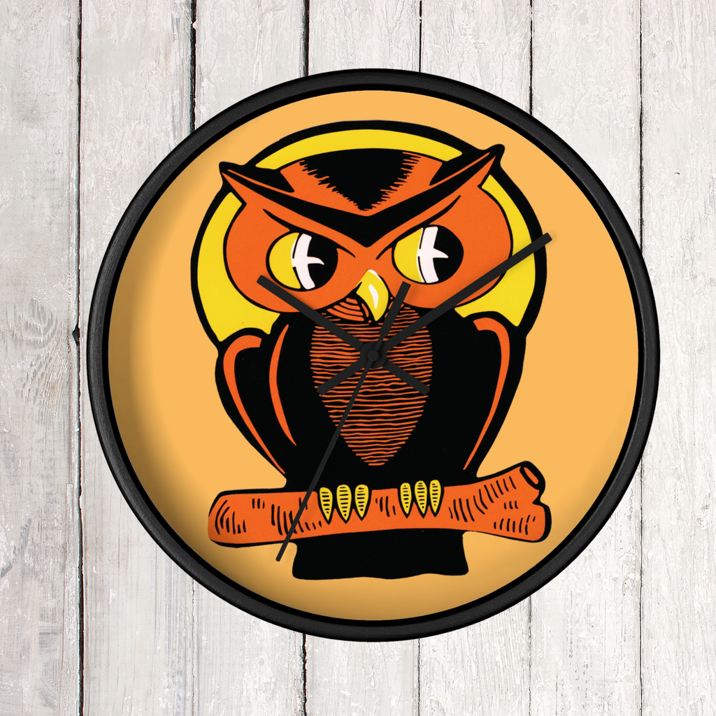 Orange Owl Yellow Moon Retro Halloween Fall Black Wooden Wall Clock