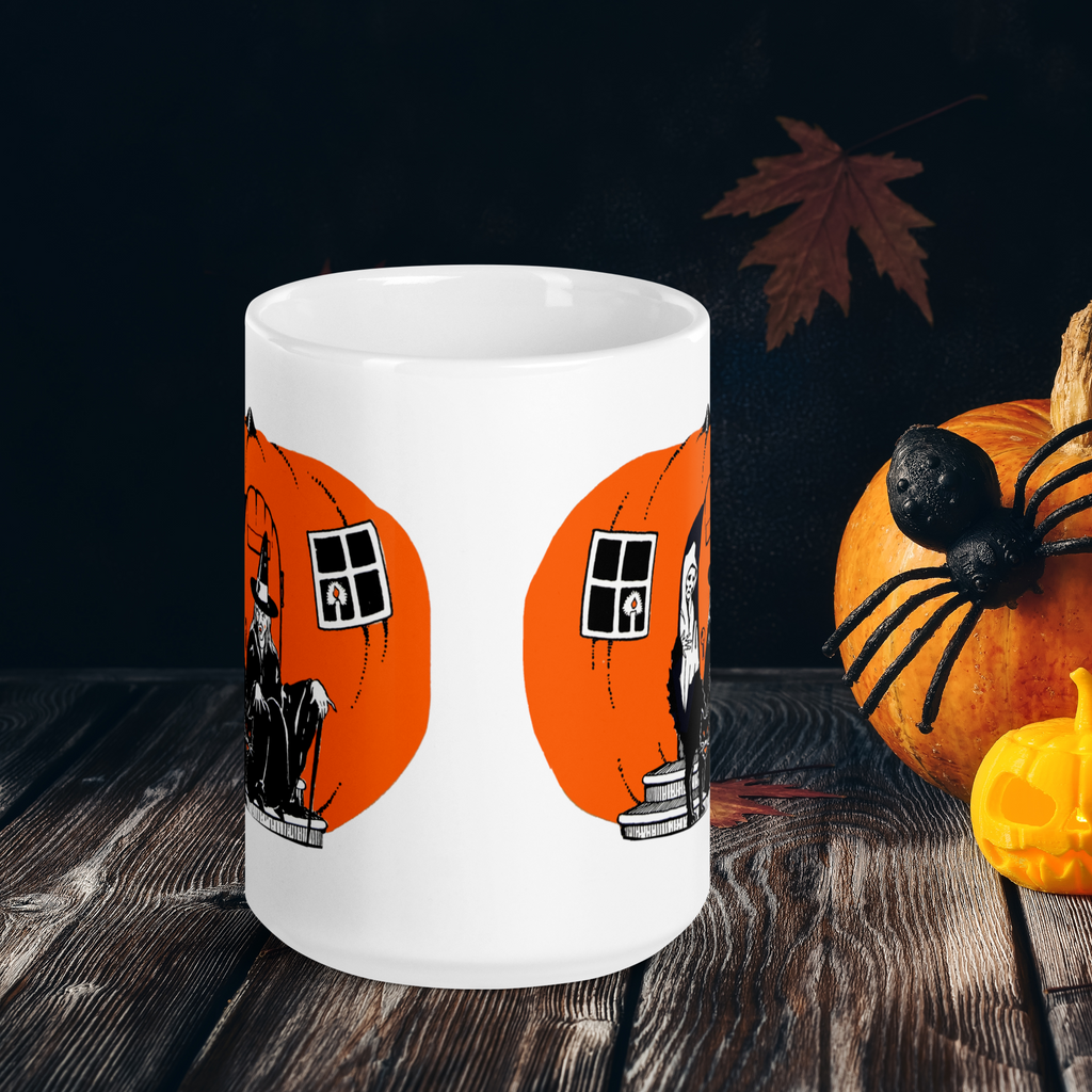 Pumpkin Witch House Black Cat Retro Halloween Vintage Mug